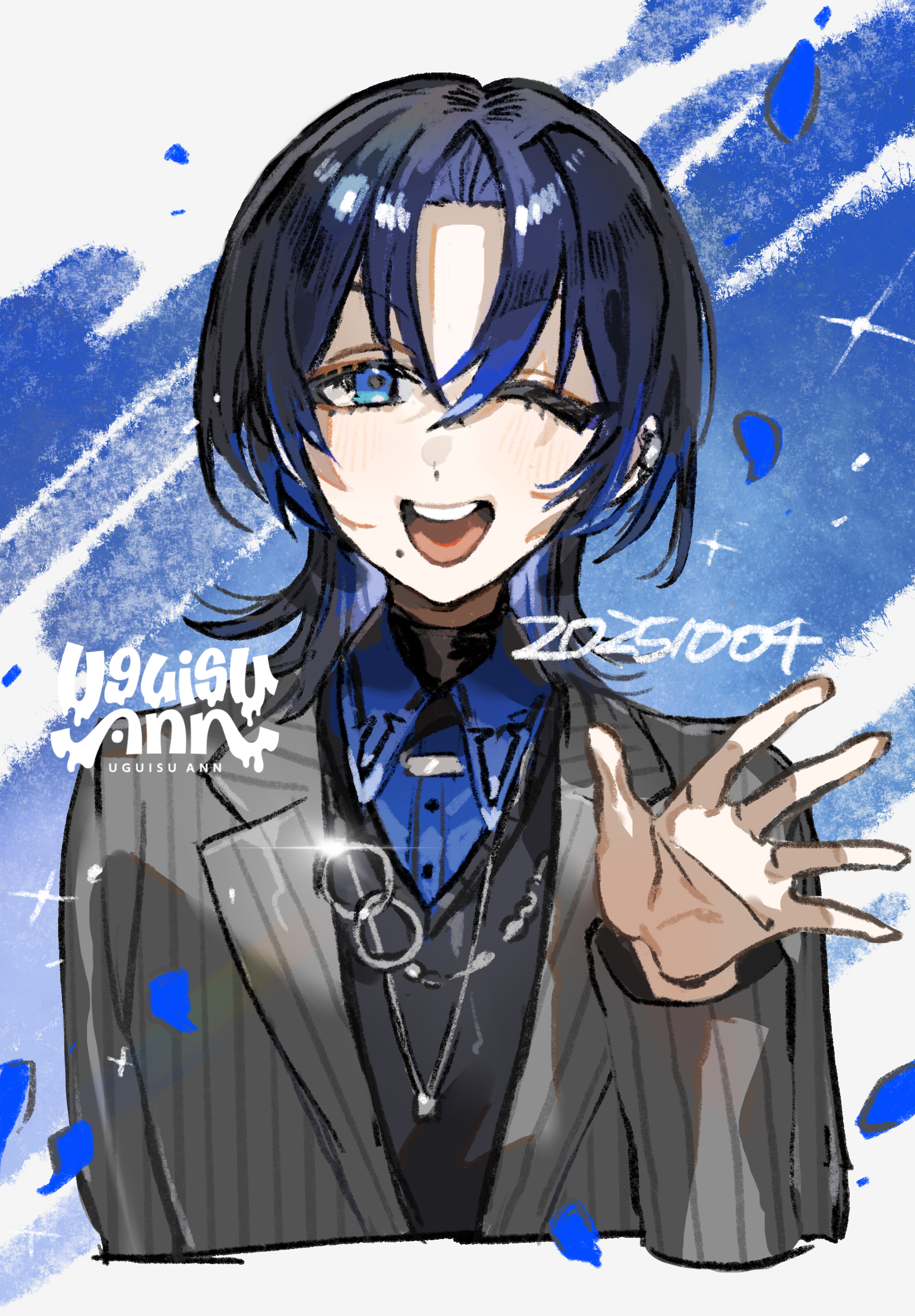uguisu ann, hiodoshi ao, hiodoshi ao (1st costume), hololive, hololive dev is, highres, 1girl, ;d, artist name, black hair, black sweater, blue eyes, blue hair, blue shirt, gradient hair, grey jacket, jacket, jewelry, mole, mole under mouth, multicolored hair, necklace, one eye closed, open mouth, shirt, smile, solo, striped clothes, striped jacket, suit jacket, sweater, virtual youtuber, wolf cut