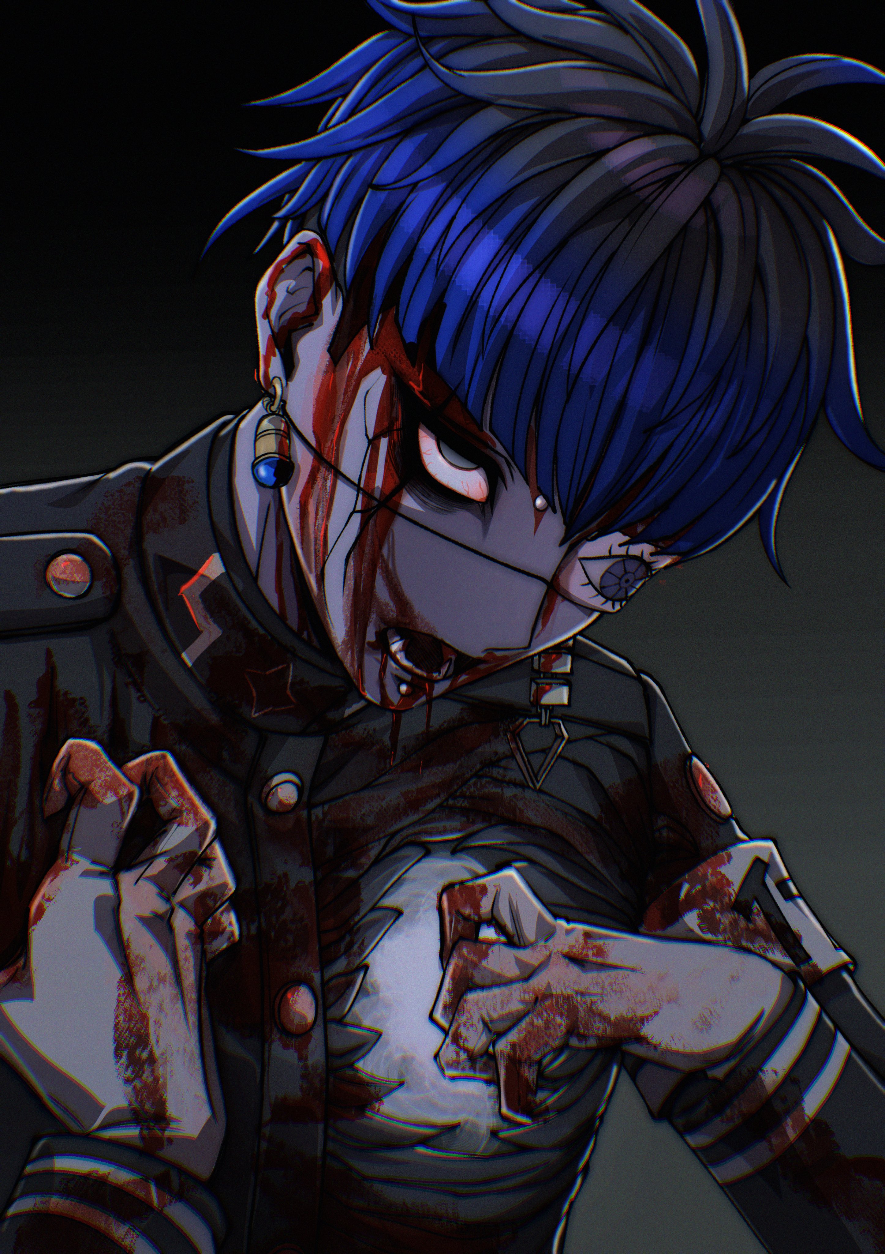 omokage yugamu, the hundred line -last defense academy-, absurdres, commentary request, highres, 1boy, armband, black background, black hair, black jacket, blood, bloodshot eyes, blue hair, chamuchai, earrings, empty eyes, eye print, eyepatch, face piercing, gakuran, gloves, gradient background, grey background, hole in chest, hole on body, jacket, jewelry, last defense academy school uniform, looking at viewer, male focus, multicolored hair, piercing, print eyepatch, school uniform, short hair, solo, white armband, white gloves, zombie