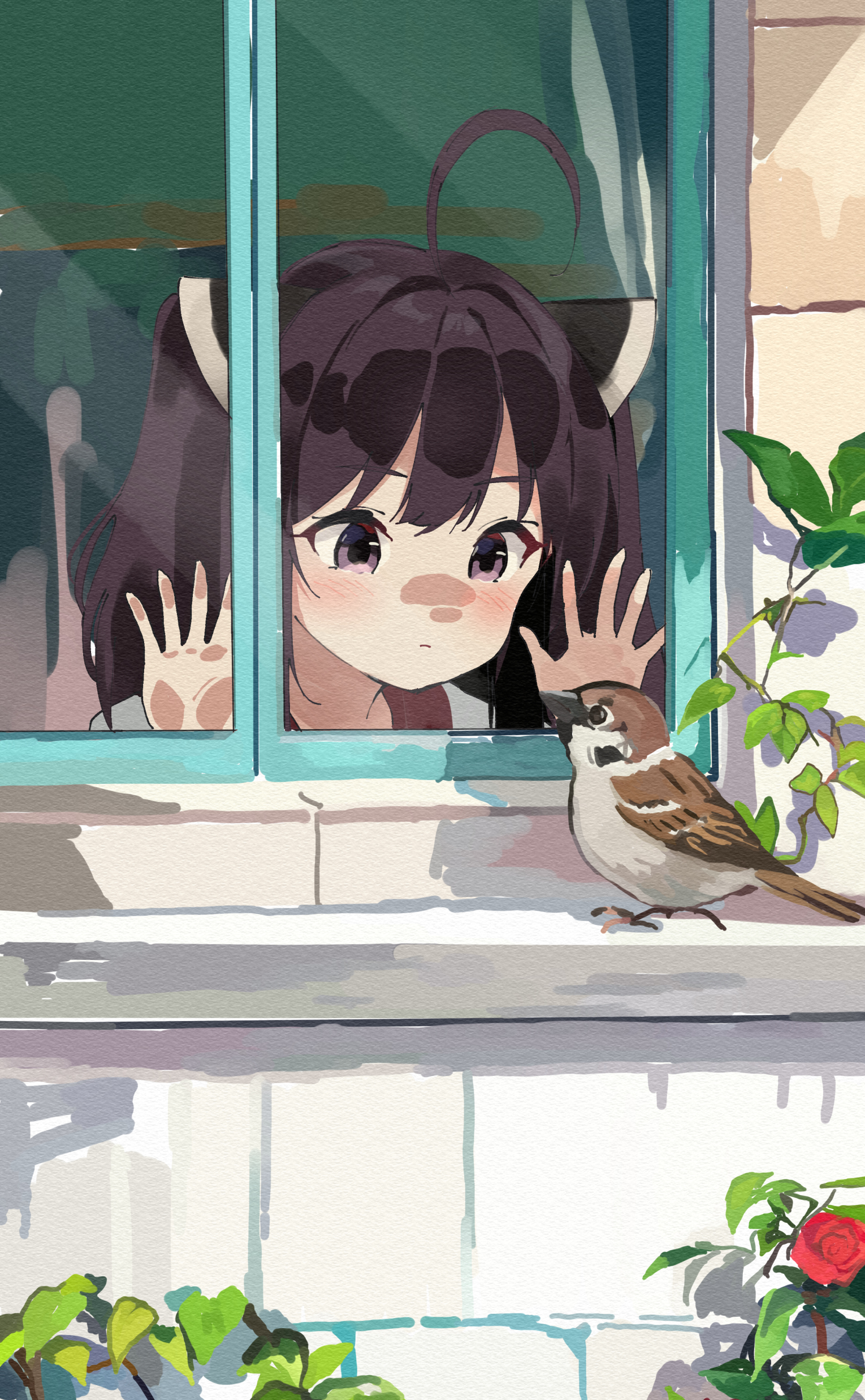 lamb (hitsujiniku), touhoku kiritan, voiceroid, absurdres, bird request, commentary request, highres, 1girl, against window, ahoge, animal, bird, blush, brown hair, building, closed mouth, day, flower, from outside, hands up, headgear, japanese clothes, kimono, outdoors, purple eyes, red flower, red rose, rose, solo, twintails, white kimono, window