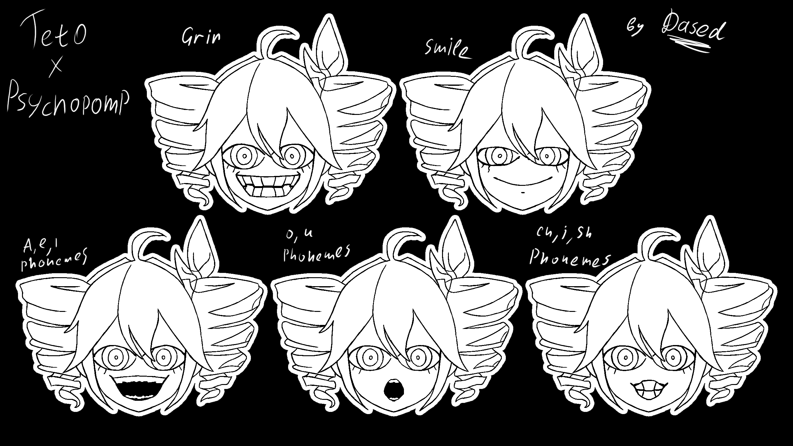 kasane teto, kasane teto (sv), psychopomp (game), synthesizer v, utau, commentary, highres, non-web source, self-upload, 1girl, ahoge, bow, drill hair, english text, grin, hair between eyes, hair bow, head only, monochrome, multiple views, parody, smile, smug, style parody