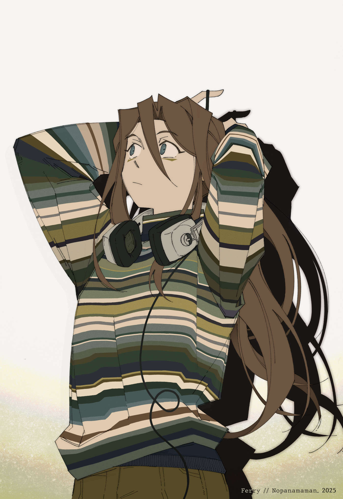 nopanamaman, parties are for losers, highres, 1girl, anya beletsky, artist name, blue eyes, brown hair, brown pants, frown, gradient background, headphones, headphones around neck, long hair, long sleeves, looking ahead, pants, solo, striped clothes, striped sweater, sweater, tying hair, upper body