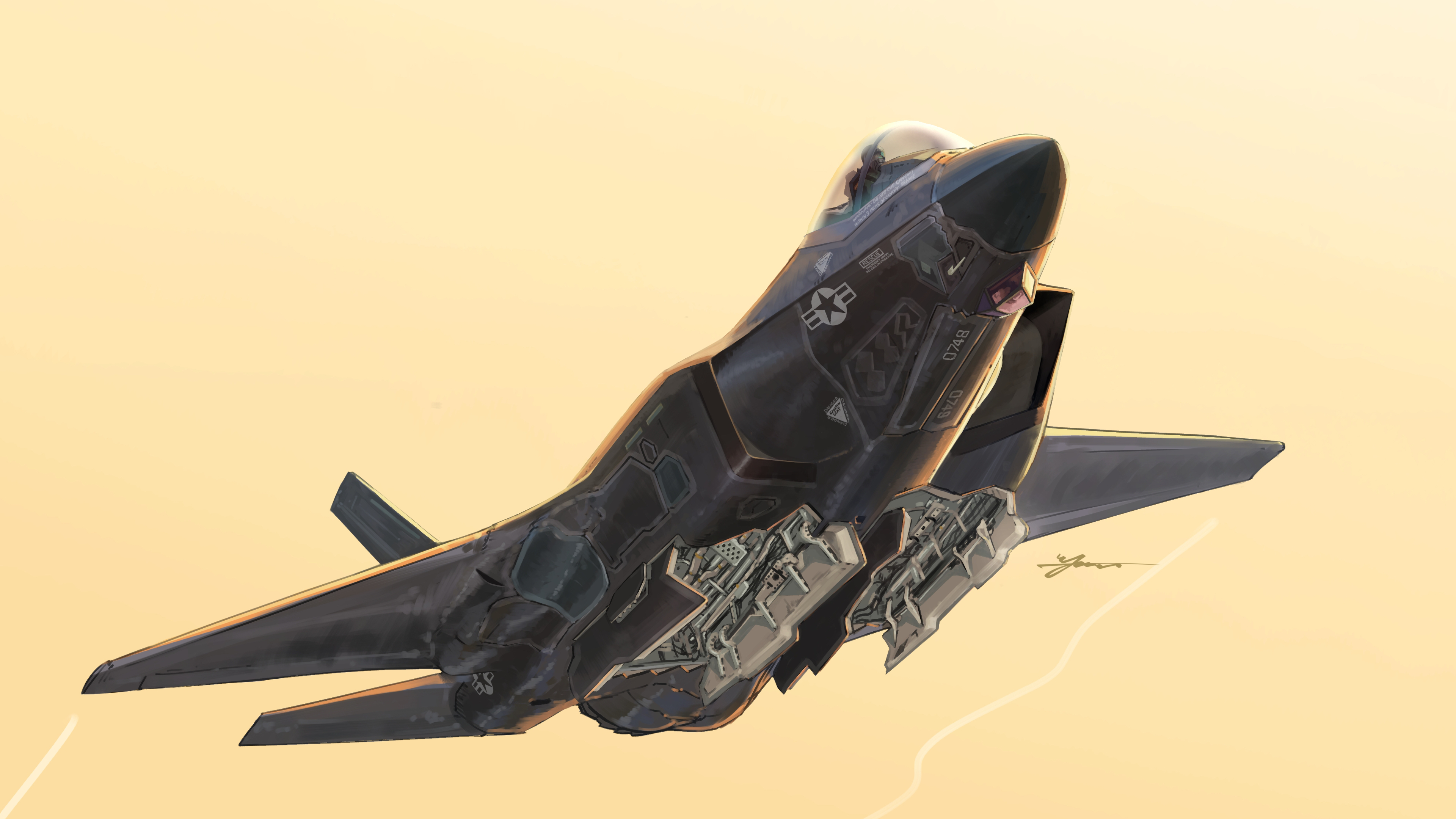 kudryavka trop, f-35 lightning ii, original, united states air force, absurdres, commentary request, highres, 1other, aircraft, airplane, canopy (aircraft), contrail, evening, fighter jet, flight suit, from below, gradient sky, helmet, military, military vehicle, orange sky, outdoors, oxygen mask, pilot, pilot helmet, roundel, signature, sky, solo, vehicle focus
