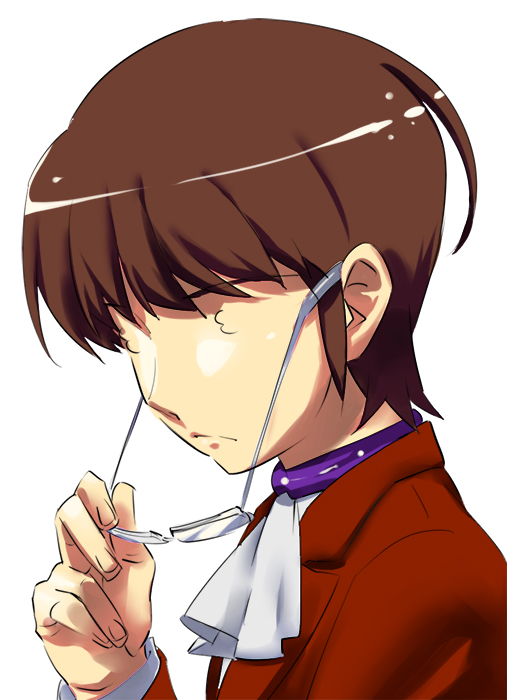 tomoyo (tmy), katsuragi keima, kami nomi zo shiru sekai, commentary request, 1boy, 3 3, ascot, brown hair, closed mouth, collar, fingernails, from side, glasses, hand up, jacket, lapels, long sleeves, male focus, notched lapels, portrait, purple collar, red jacket, removing eyewear, school uniform, short hair, simple background, solo, white ascot, white background