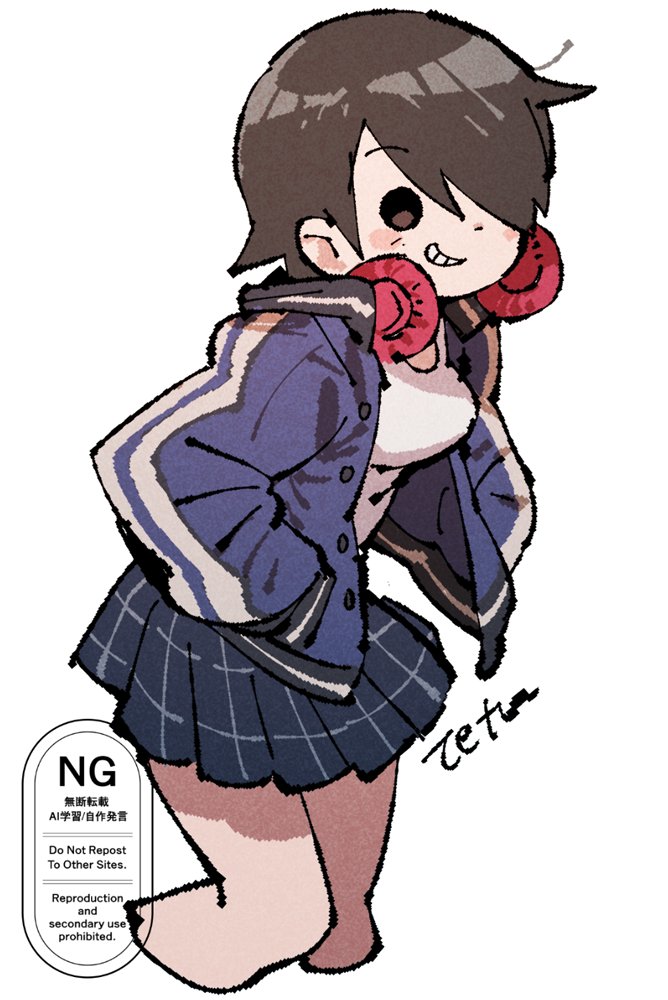 tetsu (teppei), knives chau, scott pilgrim (series), commentary, symbol-only commentary, 1girl, black hair, blue jacket, blush, blush stickers, breasts, cropped legs, hair over one eye, hands in pockets, headphones, headphones around neck, jacket, open clothes, open jacket, shirt, short hair, simple background, skirt, smile, solid circle eyes, solo, teeth, white background, white shirt