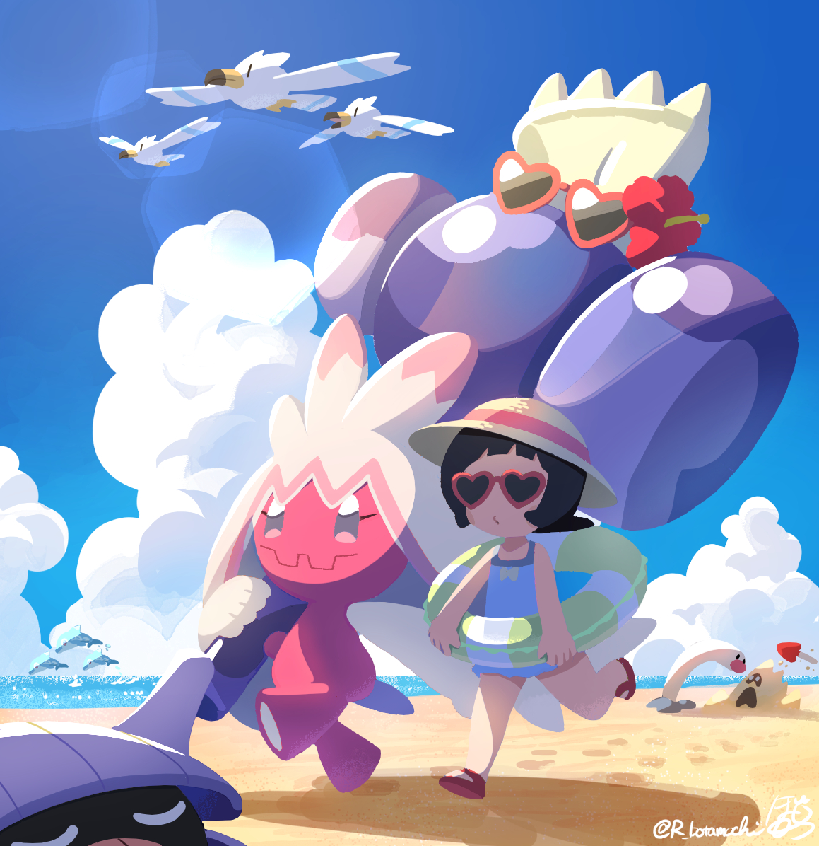 botamochi (exwelder), poppy (pokemon), sandygast, shellder, tinkaton, wiglett, wingull, nintendo, pokemon, pokemon sv, 2girls, beach, black hair, blue one-piece swimsuit, blue sky, colored skin, fangs, flower, full body, gen 1 pokemon, gen 3 pokemon, gen 7 pokemon, grey eyes, hammer, hat, heart, heart-shaped eyewear, hibiscus, holding, holding hammer, looking at viewer, multicolored skin, multiple girls, one-piece swimsuit, outdoors, pink-framed eyewear, pink hair, pink skin, pokemon (creature), pool float, red flower, red sandals, sandals, short hair, skin fangs, sky, standing, sun hat, swimsuit, two-tone skin