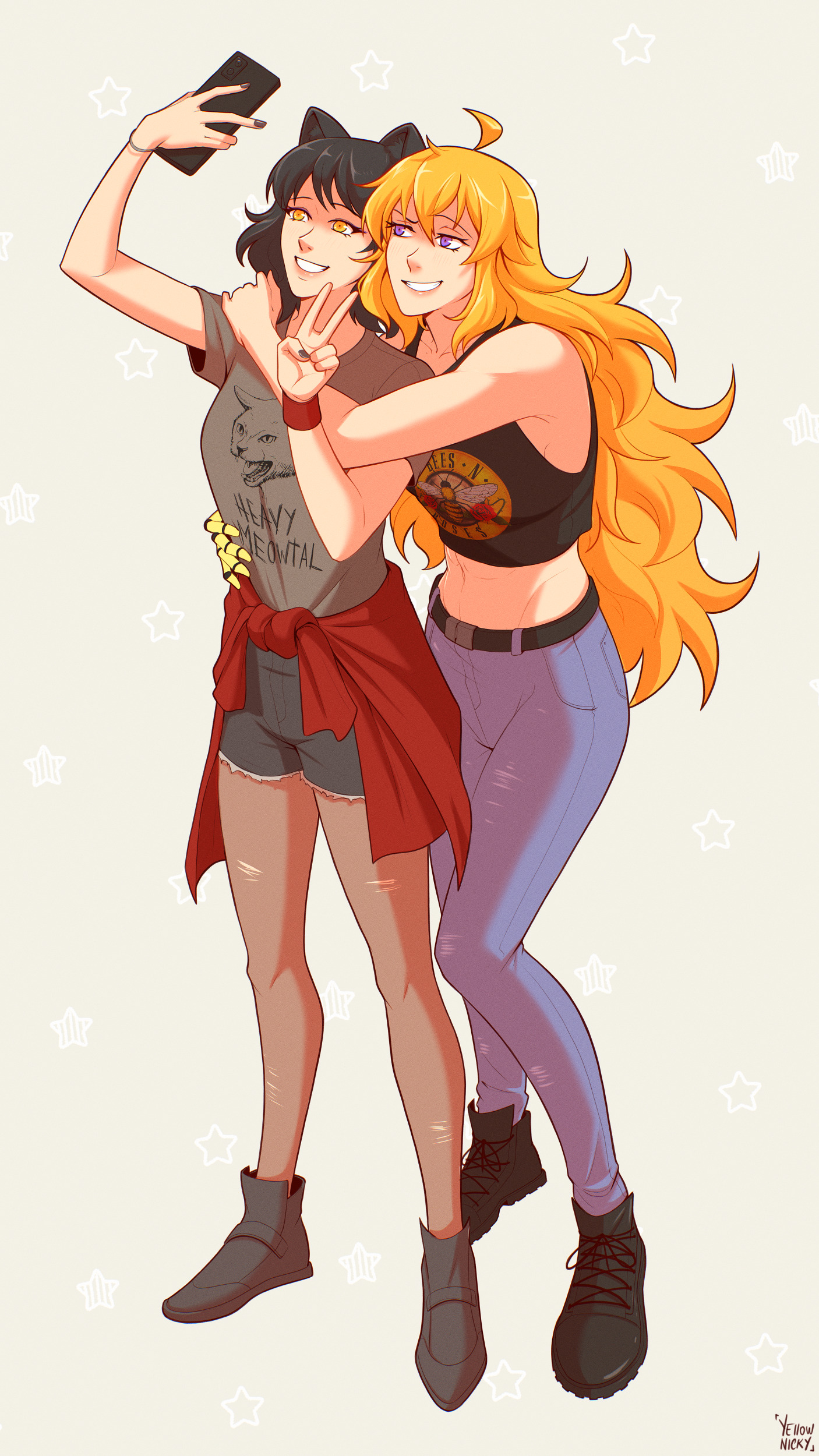 yellow nicky, blake belladonna, yang xiao long, rwby, absurdres, highres, 2girls, animal ears, antenna hair, artist name, belt, black belt, black boots, black hair, black shirt, blonde hair, boots, cat, cat ears, cellphone, crop top, denim, grey shirt, grey shorts, holding, holding phone, hug, jeans, long hair, midriff, multiple girls, nail polish, pants, pantyhose, pantyhose under shorts, phone, purple eyes, selfie, shirt, shoes, short hair, short shorts, shorts, smartphone, smile, star (symbol), torn clothes, torn pantyhose, v, yellow eyes, yuri