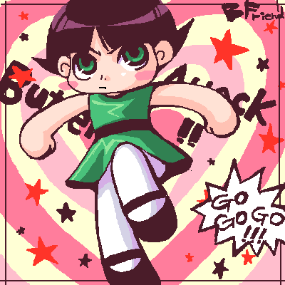 bf. (sogogiching), buttercup (ppg), cartoon network, powerpuff girls, archived source, commentary request, korean commentary, lowres, !, !!, artist name, black border, black hair, black shoes, blush stickers, border, character name, clenched hands, closed mouth, dress, english text, green dress, green eyes, heart, heart background, mary janes, pantyhose, parted bangs, shoes, spiked hair, star (symbol), two-tone background, v-shaped eyebrows, white pantyhose, yellow background