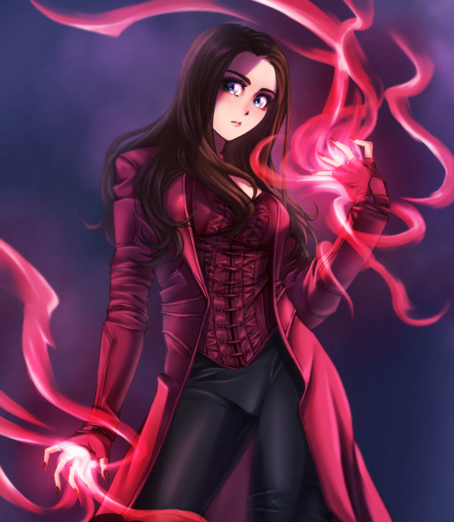 g evolve, scarlet witch, wanda maximoff, avengers: age of ultron, avengers (series), marvel, commentary, 1girl, black pants, blue eyes, brown hair, closed mouth, coat, corset, long hair, magic, pants, red coat, red corset, solo