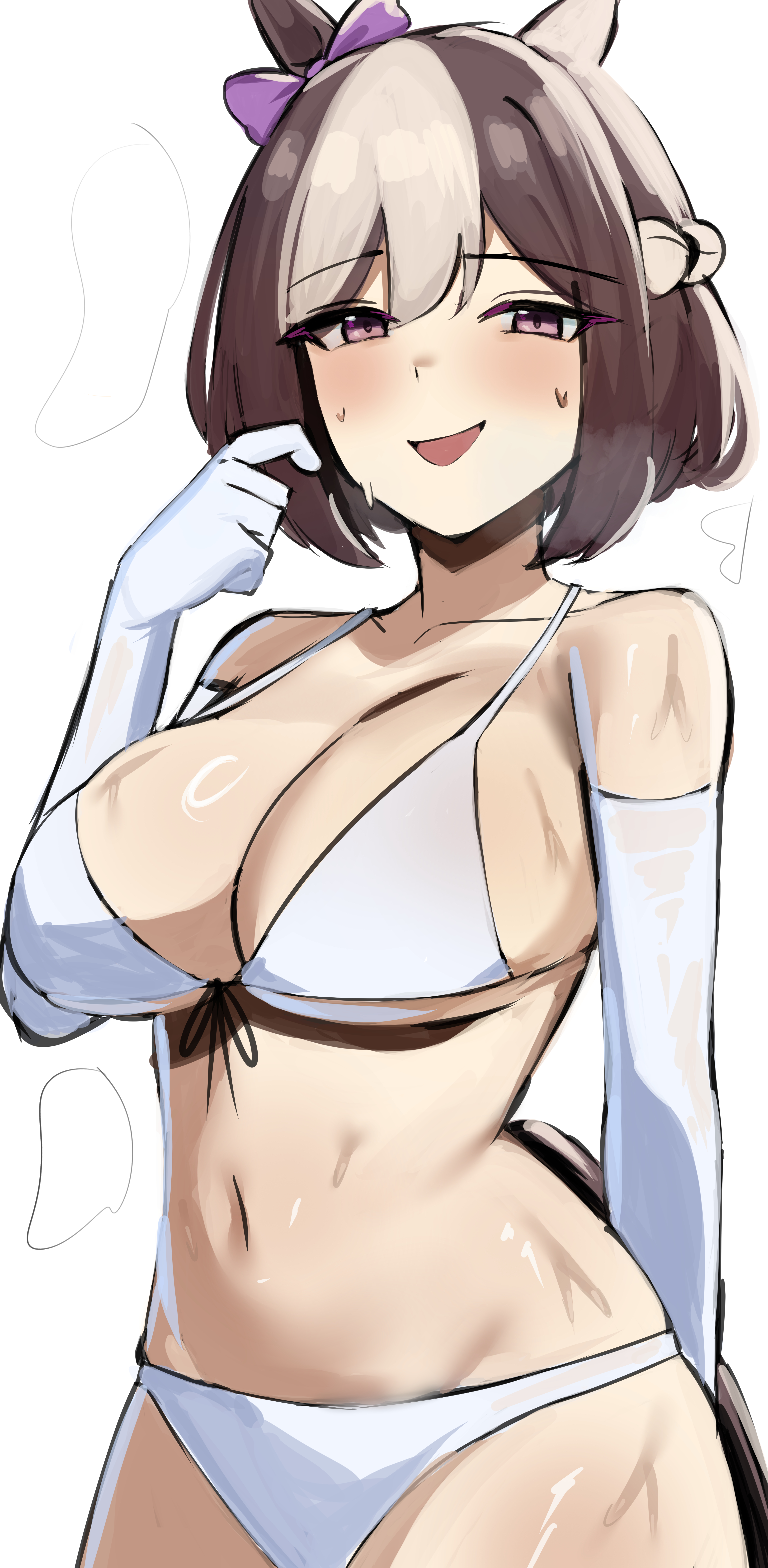 iog626, special week (umamusume), umamusume, absurdres, commentary, commentary request, highres, 1girl, alternate costume, animal ears, bare shoulders, bikini, blush, bow, braid, breasts, brown hair, cleavage, cowboy shot, ear bow, elbow gloves, gloves, hair between eyes, half up braid, horse ears, horse girl, horse tail, large breasts, multicolored hair, navel, open mouth, purple bow, purple eyes, short hair, simple background, smile, solo, stomach, streaked hair, sweat, swimsuit, tail, white background, white bikini, white gloves, white hair