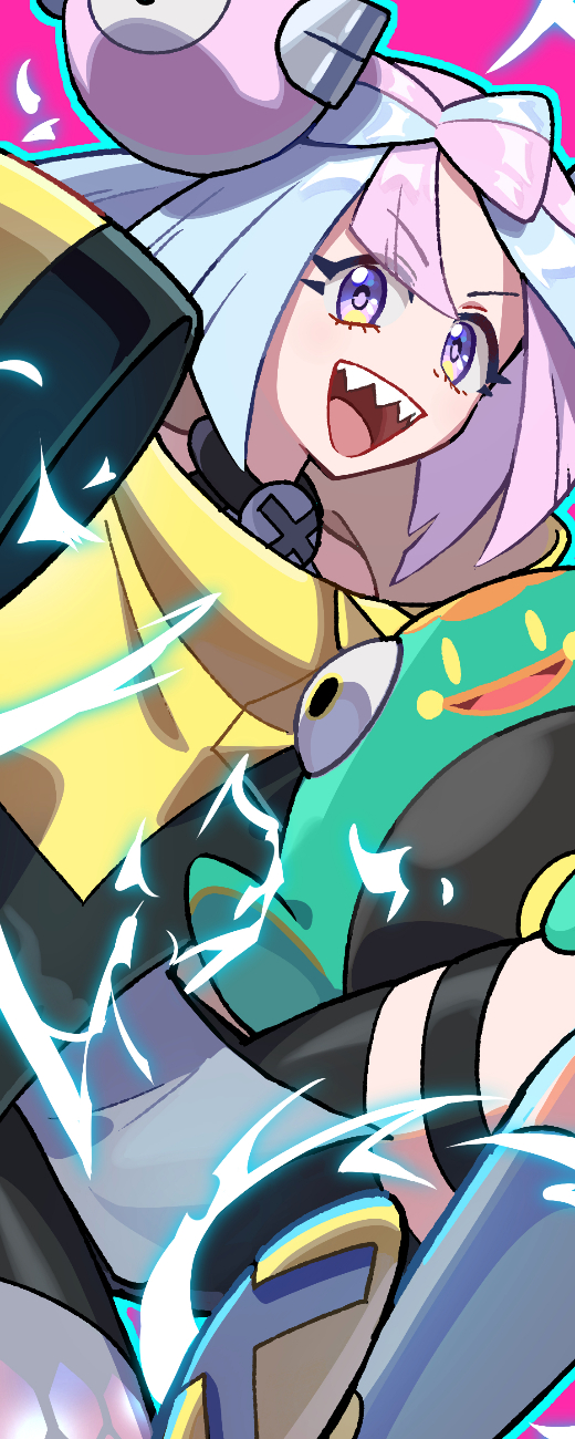botamochi (exwelder), bellibolt, iono (pokemon), nintendo, pokemon, pokemon sv, highres, 1girl, :d, blue hair, bow-shaped hair, character hair ornament, electricity, fake hair bun, grey pantyhose, hair ornament, halter shirt, halterneck, jacket, long hair, long sleeves, looking at viewer, multicolored hair, open mouth, pantyhose, pink background, pink hair, pokemon (creature), purple eyes, sharp teeth, simple background, single leg pantyhose, sleeves past fingers, sleeves past wrists, smile, split-color hair, standing, teeth, two-tone hair, upper body, x (symbol), yellow eyes, yellow jacket