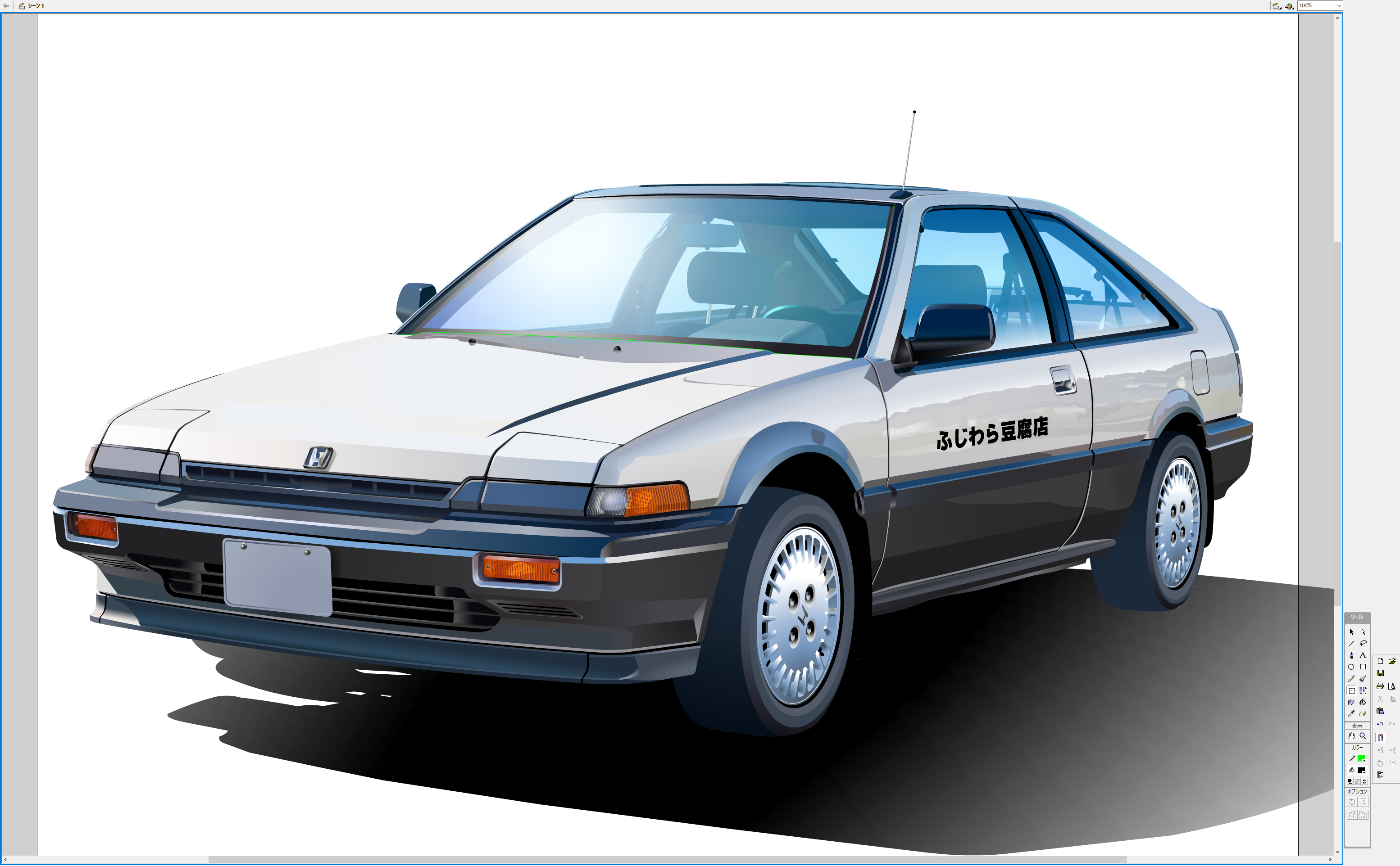 nimbus goldbrum, honda, initial d, original, commentary request, highres, art program in frame, art program request, car, honda accord, license plate, logo, motor vehicle, no humans, product placement, shadow, simple background, vehicle focus, white background, white car
