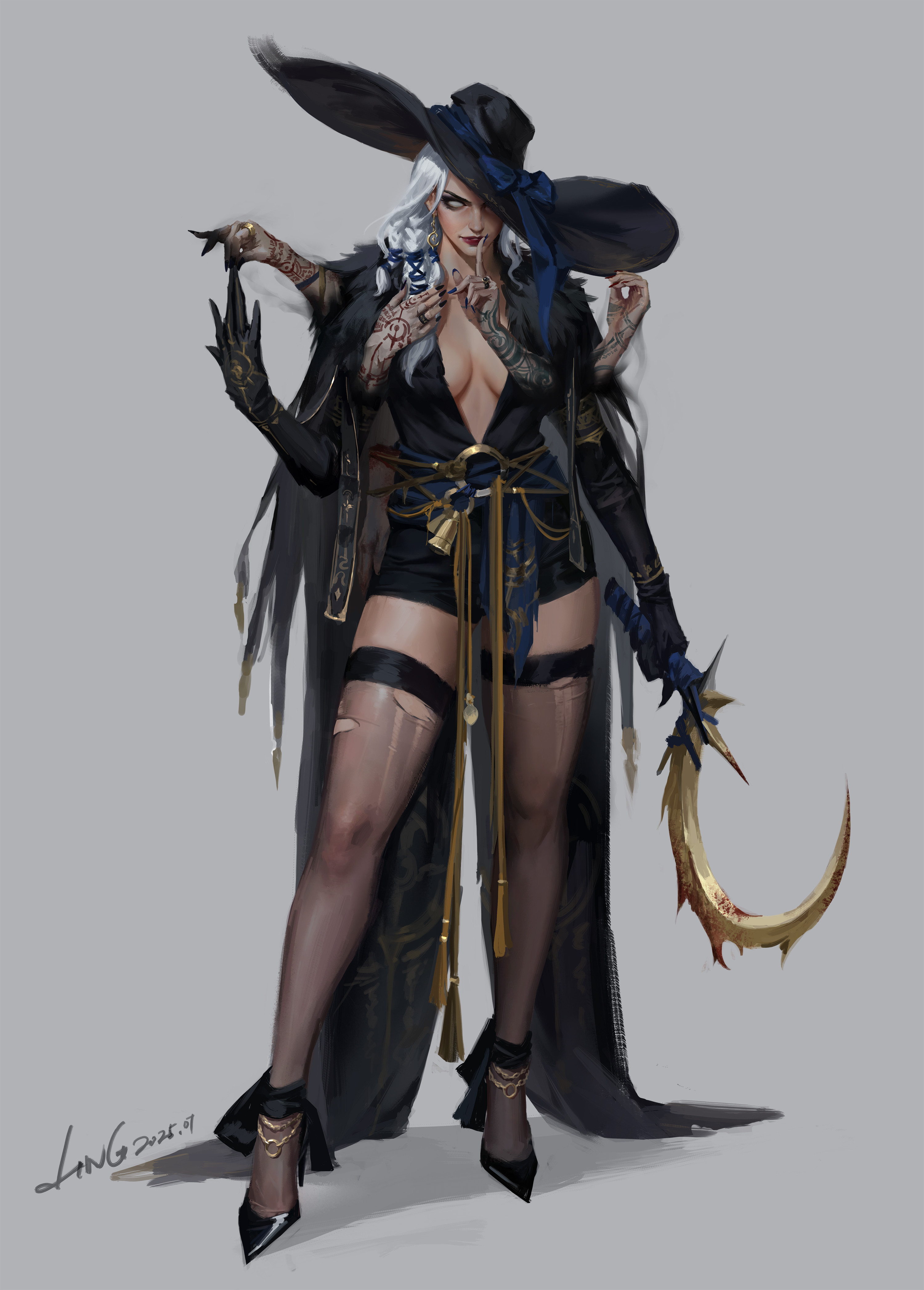 jingyu wen, original, absurdres, highres, 1girl, arm tattoo, black thighhighs, bow, braid, breasts, cleavage, closed mouth, extra arms, gloves, hand tattoo, hat, high heels, jewelry, large hat, looking at viewer, medium breasts, shoes, simple background, smile, solo, stiletto heels, tattoo, thighhighs, torn clothes, torn thighhighs, white eyes, white hair, witch, witch hat, zettai ryouiki