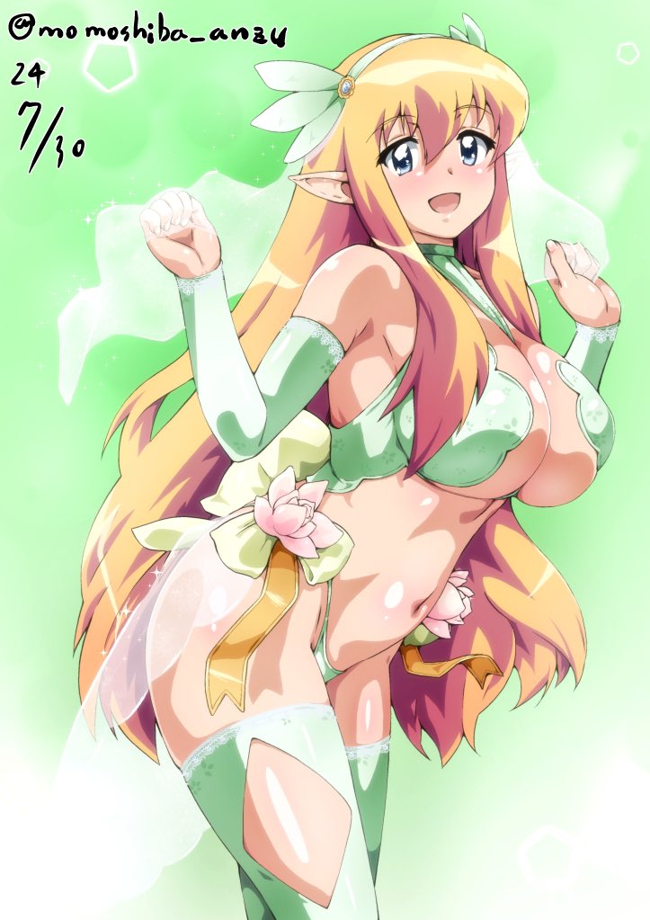 nafta, tiffania westwood, zero no tsukaima, commentary request, 1girl, alternate costume, artist name, bare shoulders, blonde hair, blue eyes, breasts, cowboy shot, dated, detached sleeves, elf, flower, green background, green hairband, green panties, green sleeves, green theme, hairband, large breasts, leaning forward, long hair, looking at viewer, navel, open mouth, panties, pink flower, pointy ears, revealing clothes, smile, solo, twitter username, underwear, veil, w arms