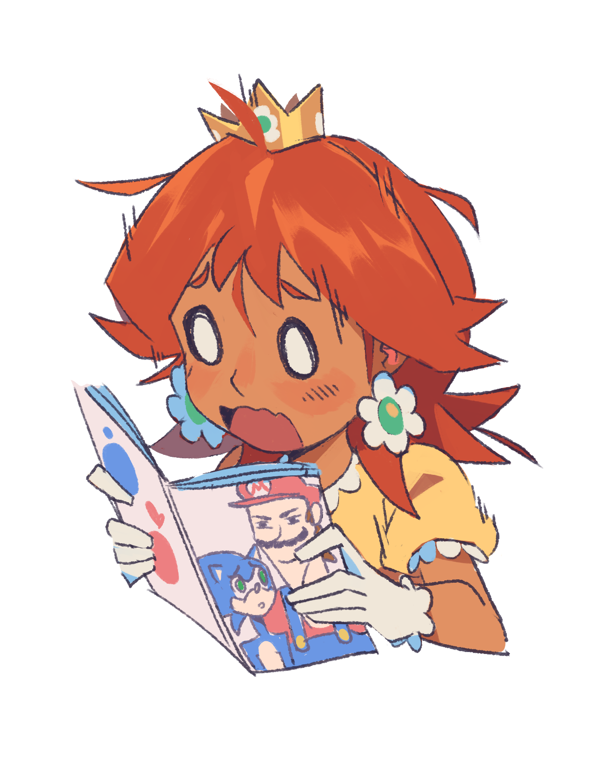 supsross, mario, princess daisy, sonic the hedgehog, mario (series), nintendo, sonic (series), highres, 1girl, brown hair, crown, dark-skinned female, dark skin, earrings, flipped hair, flower earrings, gloves, holding, holding magazine, jewelry, magazine (object), medium hair, mini crown, o o, open magazine, parted bangs, pornography, simple background, solo, surprised, wavy mouth, white gloves, wide-eyed, yaoi (object)