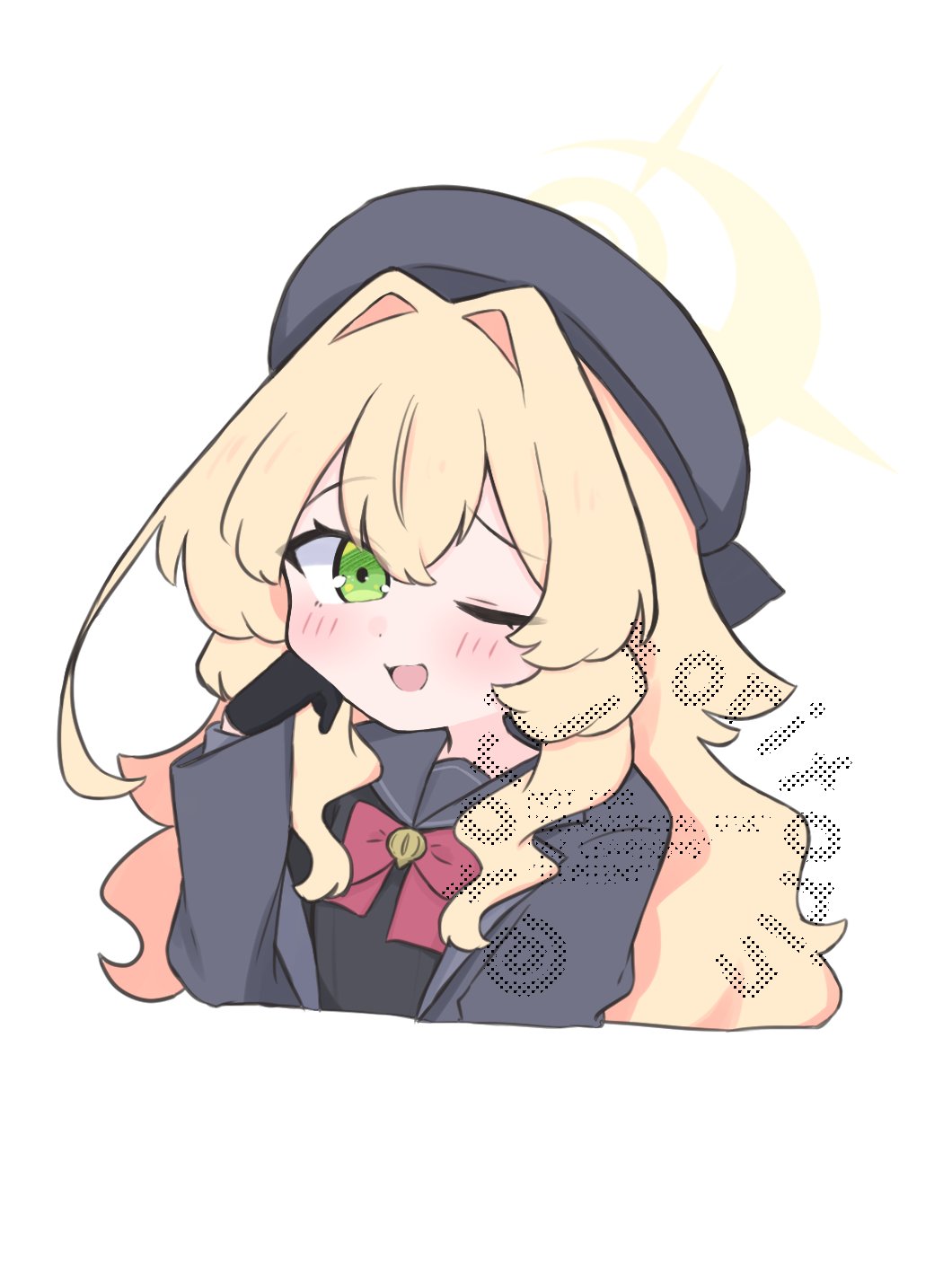 kujou karasuma, professor niyaniya (blue archive), blue archive, commentary request, highres, 1girl, ;d, beret, black gloves, black shirt, blonde hair, blush, bow, cropped torso, gloves, green eyes, grey hat, grey jacket, grey sailor collar, hair between eyes, hair intakes, halo, hand up, hat, jacket, long sleeves, looking at viewer, off shoulder, one eye closed, open clothes, open jacket, open mouth, red bow, sailor collar, shirt, simple background, smile, solo, upper body, watermark, white background