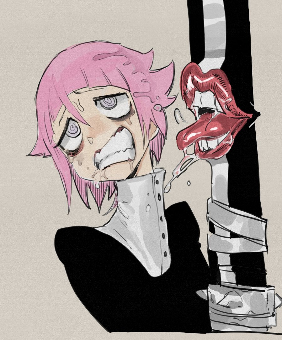 dancho no mori, crona (soul eater), ragnarok (soul eater), soul eater, commentary, symbol-only commentary, 1other, @ @, clenched teeth, grey background, grey eyes, looking up, pink hair, saliva, short hair, sword, tears, teeth, weapon