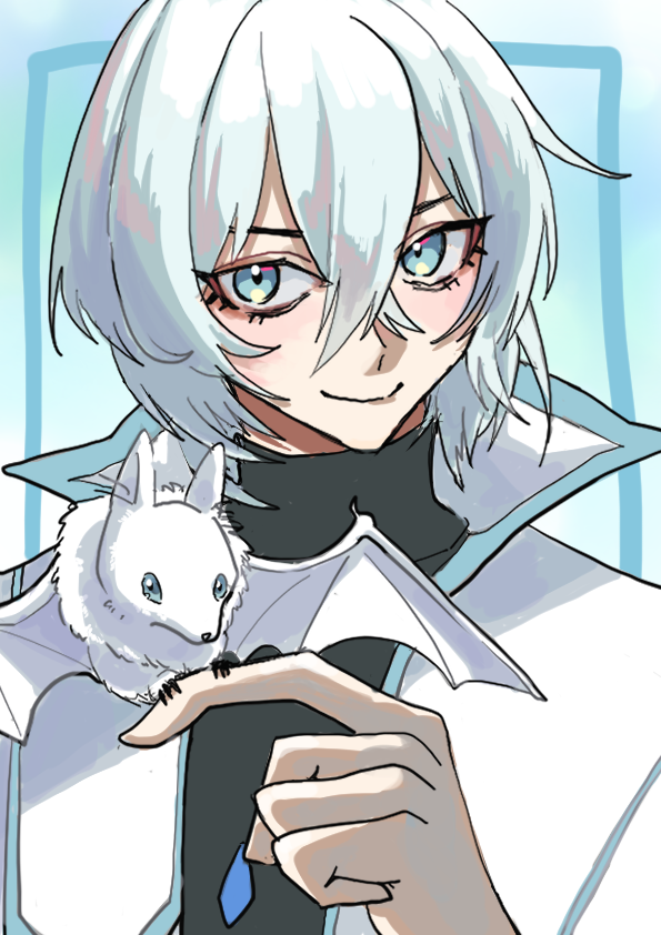 soma cruz, castlevania: aria of sorrow, castlevania (series), commentary, hashtag-only commentary, 1boy, amu-aoj, animal, animal on hand, bat (animal), black shirt, blue background, blue eyes, coat, hand up, looking at viewer, male focus, shirt, short hair, smile, solo, upper body, white coat, white hair