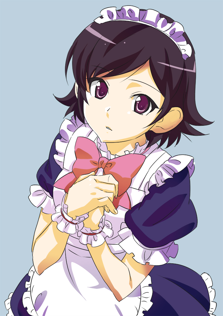 tomoyo (tmy), takahara ayumi, kami nomi zo shiru sekai, commentary request, partial commentary, 1girl, alternate costume, apron, black hair, blue background, blue dress, bow, bowtie, dress, enmaided, fingernails, frilled apron, frilled dress, frilled wrist cuffs, frills, from above, hands up, looking at viewer, looking up, maid, maid apron, maid headdress, own hands together, parted bangs, parted lips, pink bow, pink bowtie, puffy short sleeves, puffy sleeves, purple eyes, short hair, short sleeves, simple background, solo, upper body, white apron, white headdress, wrist cuffs