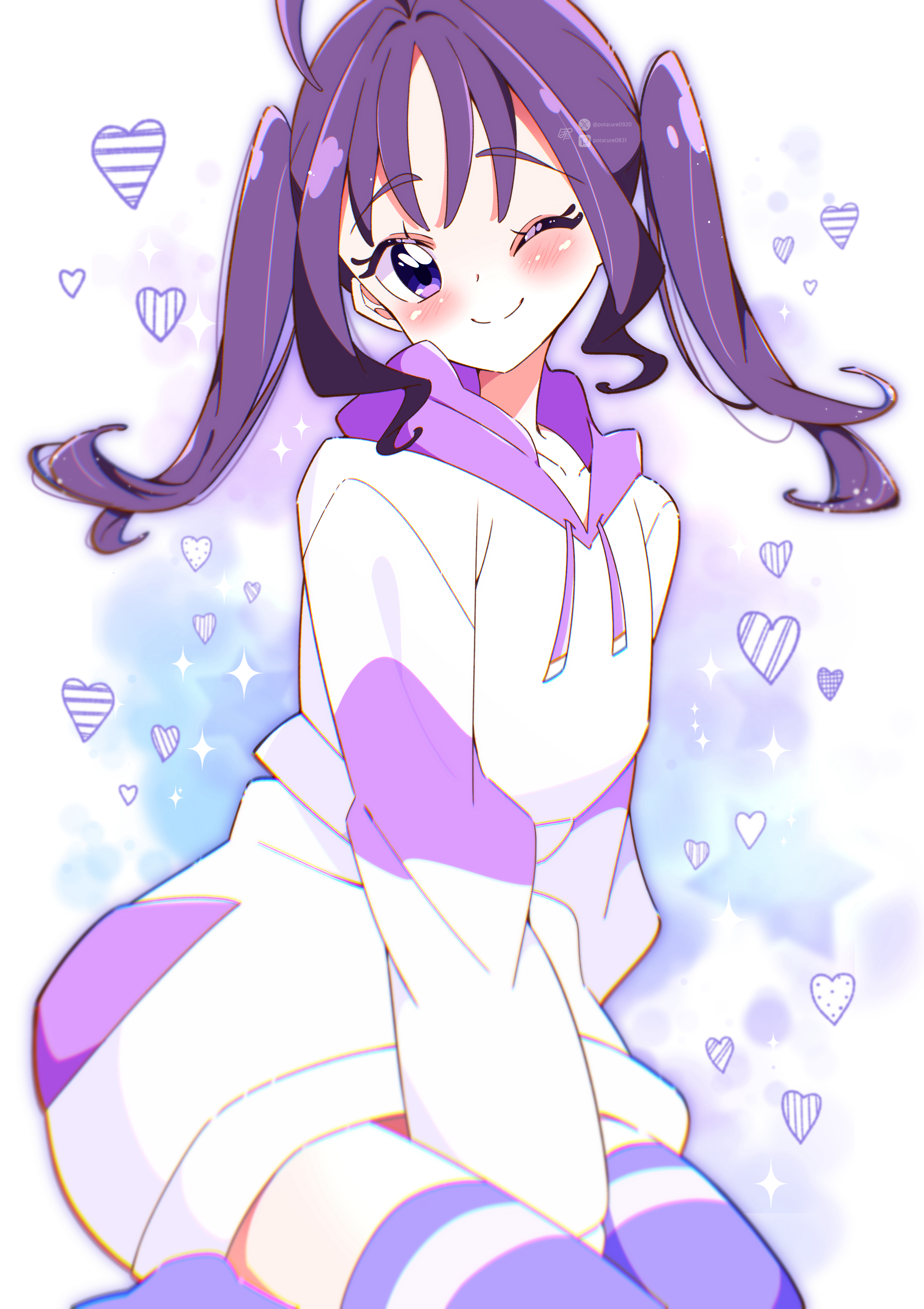 potacure, shigure kokoro, kimi to idol precure, precure, absurdres, commentary, highres, 1girl, ;), ahoge, arm between legs, blue background, blush, closed mouth, collarbone, drawstring, gradient background, hair intakes, heart, heart background, hood, hood down, hoodie, long sleeves, looking at viewer, medium hair, no shoes, one eye closed, pixiv logo, pixiv username, purple background, purple eyes, purple hair, purple hoodie, purple skirt, purple thighhighs, seiza, sitting, skirt, smile, solo, split mouth, thighhighs, twintails, twitter username, twitter x logo, white background, zettai ryouiki
