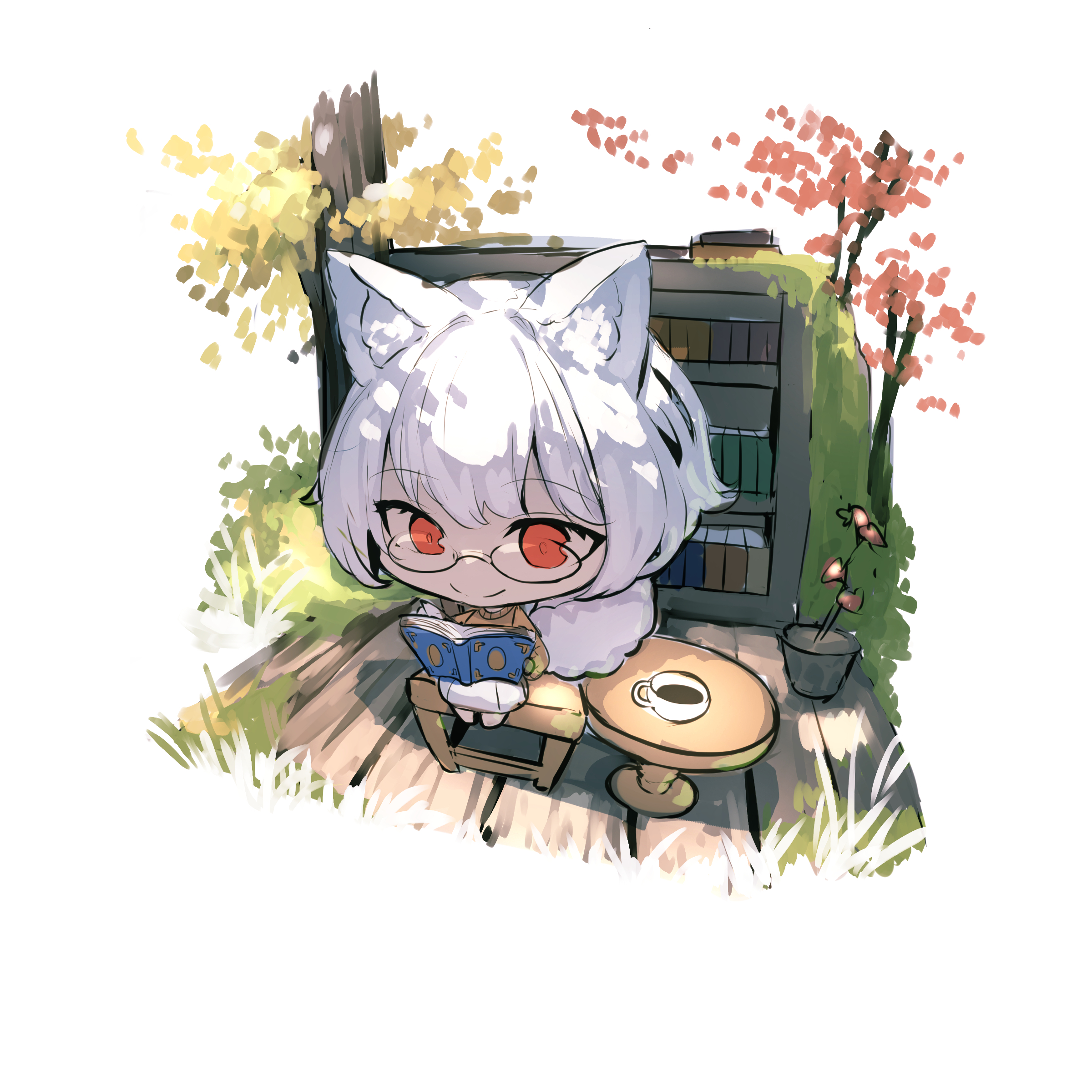 yuuji (yukimimi), original, absurdres, commentary request, highres, 1girl, animal ear fluff, animal ears, barefoot, black-framed eyewear, book, bookshelf, brown sweater, chair, chibi, closed mouth, cup, fox ears, fox girl, fox tail, glasses, holding, holding book, looking at viewer, on chair, open book, red eyes, semi-rimless eyewear, short hair, simple background, sitting, skirt, smile, solo, sweater, table, tail, tree, under-rim eyewear, white background, white hair, white skirt