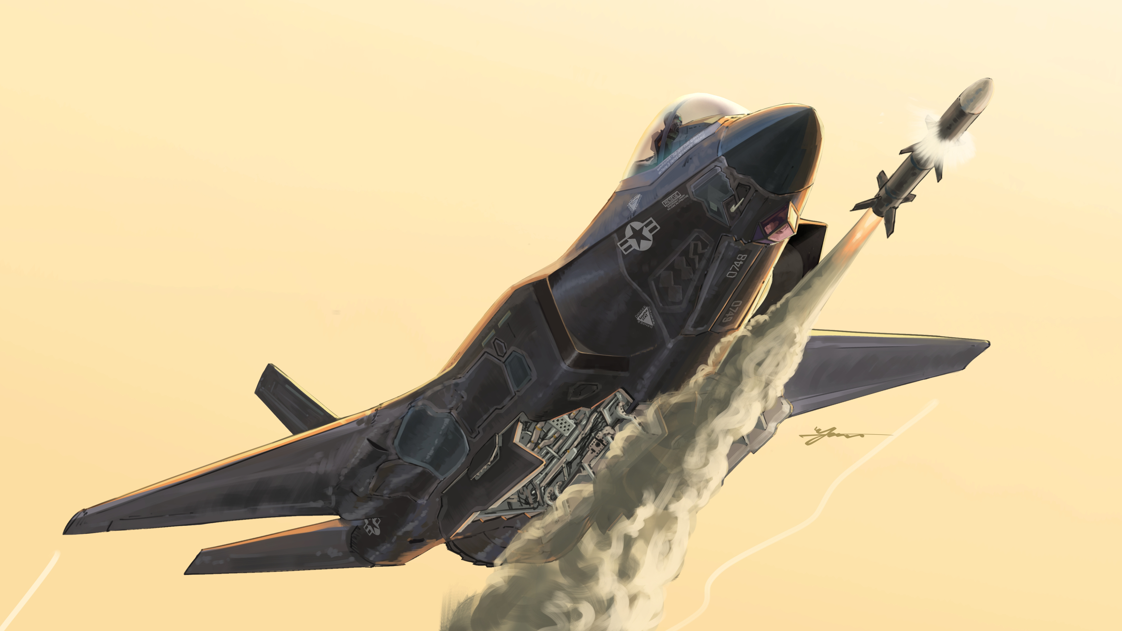 kudryavka trop, f-35 lightning ii, original, united states air force, absurdres, commentary request, highres, 1other, afterburner, aim-120 amraam, air-to-air missile, aircraft, airplane, canopy (aircraft), contrail, evening, fighter jet, firing, flight suit, from below, gradient sky, helmet, military, military vehicle, missile, orange sky, outdoors, oxygen mask, pilot, pilot helmet, roundel, signature, sky, smoke, solo, vehicle focus