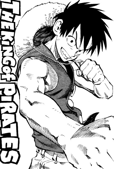 murata yuusuke, monkey d. luffy, one piece, 1boy, chin strap, clenched hand, clenched hands, english text, greyscale, hat, male focus, monochrome, simple background, solo, spiked hair, straw hat, unworn hat, unworn headwear, white background