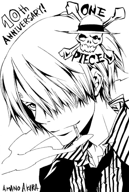 amano akira, sanji (one piece), one piece, 1boy, cigarette, collared shirt, formal clothes, greyscale, hair over one eye, jolly roger, loose clothes, loose shirt, male focus, monochrome, necktie, pinstripe pattern, pinstriped, shirt, smoking, solo, straw hats jolly roger, striped clothes, striped shirt, suit, vertical stripes