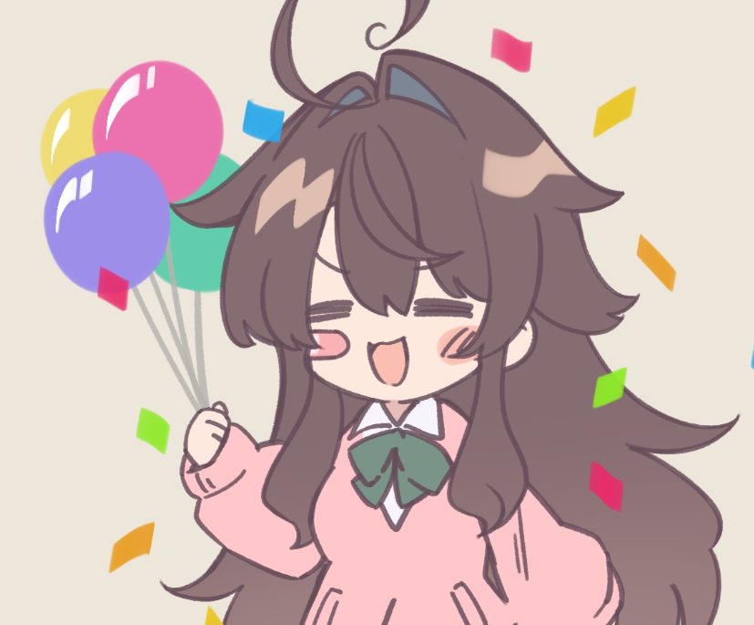 natsuki teru, natsuki-chan (natsuki teru), original, commentary request, 1girl, :d, = =, ahoge, balloon, blush stickers, bow, brown background, brown hair, chibi, closed eyes, collared shirt, confetti, facing viewer, green bow, hair between eyes, hair intakes, holding, holding balloon, long hair, long sleeves, open mouth, pink sweater, puffy long sleeves, puffy sleeves, shirt, simple background, sleeves past wrists, smile, solo, sweater, upper body, v-shaped eyebrows, very long hair, white shirt