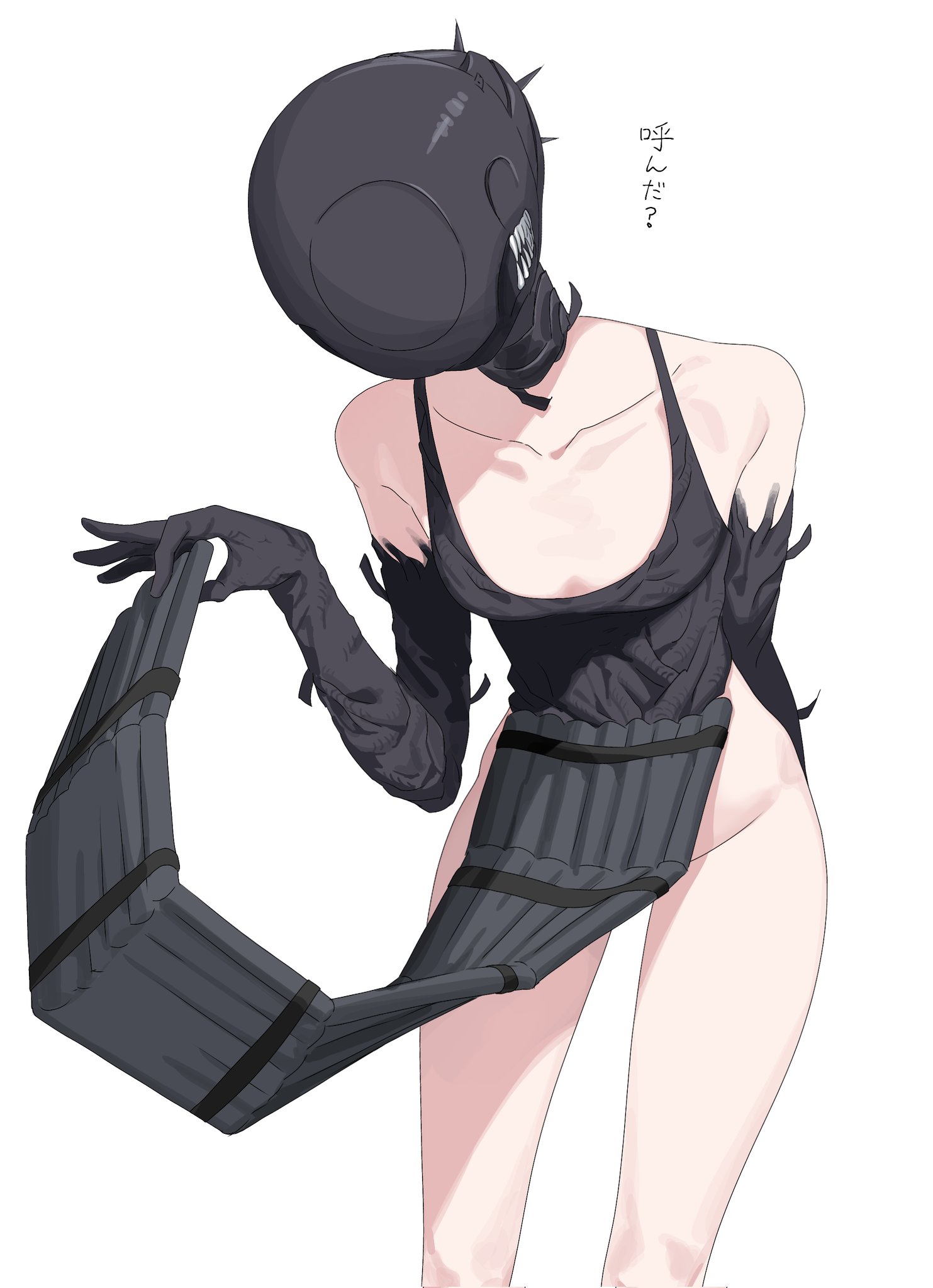kayuu (hikentai0112), bomb devil (chainsaw man), chainsaw man, highres, translation request, 1girl, apron, black apron, black gloves, breasts, dynamite, elbow gloves, explosive, gloves, no panties, object head, simple background, small breasts, solo, white background
