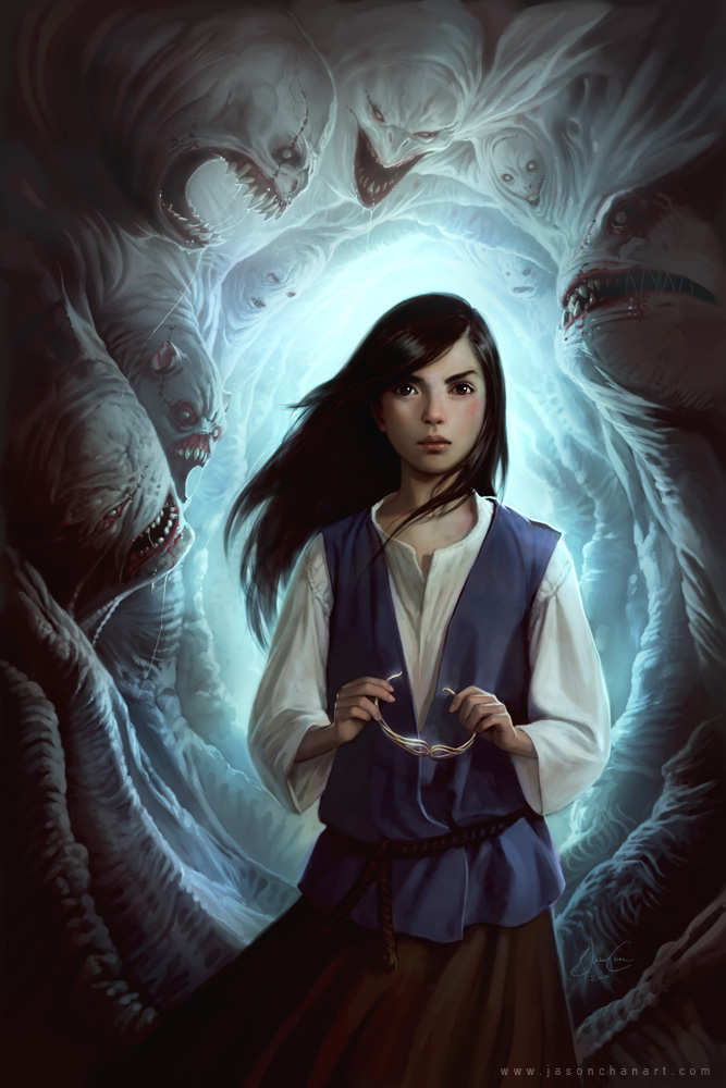 jason chan, black hair, brown eyes, circlet, long hair, monster, realistic, skirt, vest