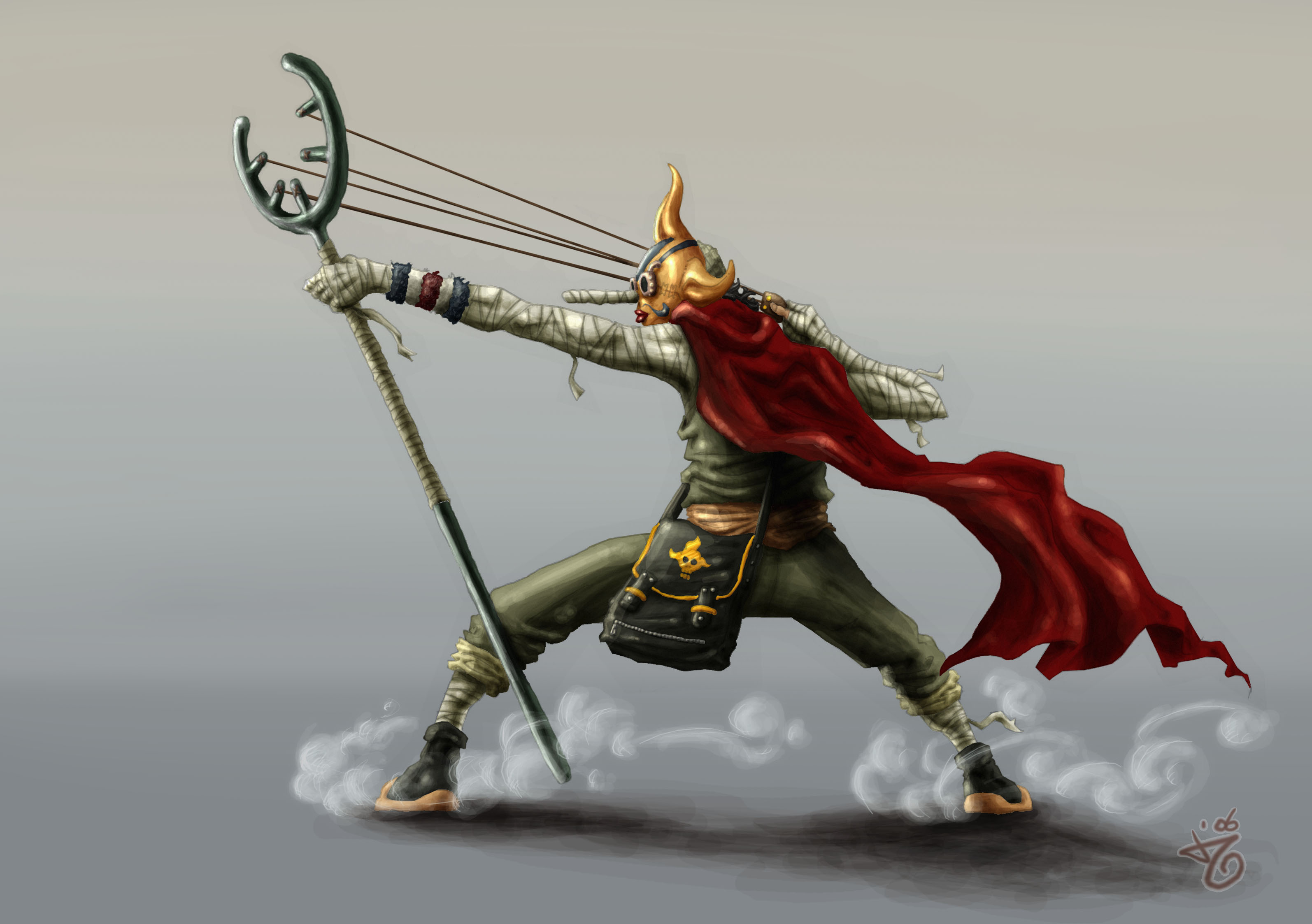 ijul, sogeking, usopp, one piece, highres, 1boy, armband, bag, bandages, black hair, cape, cloak, enies lobby, fighting stance, full body, goggles, male focus, marksman, mask, overalls, pouch, red cape, sash, simple background, slingshot (weapon), solo, standing, weapon