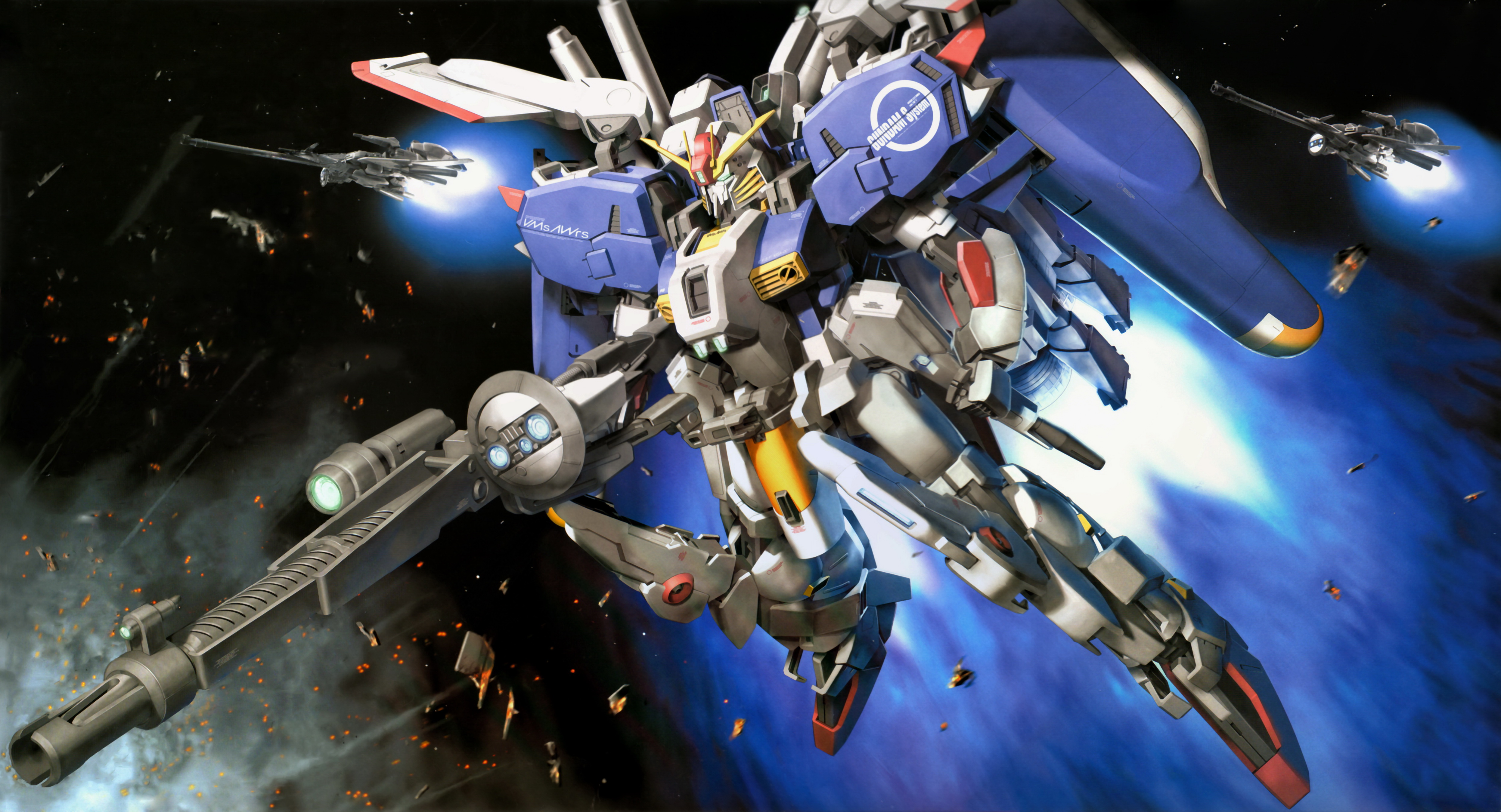 ex-s gundam, zeta plus, gundam, gundam sentinel, absurdres, artist request, derivative work, highres, official art, painting (medium), traditional media, battle, beam cannon, beam rifle, energy gun, explosion, gundam perfect file, machinery, mecha, mecha focus, mobile suit, no humans, radome, realistic, robot, science fiction, scope, space, thrusters, v-fin, weapon