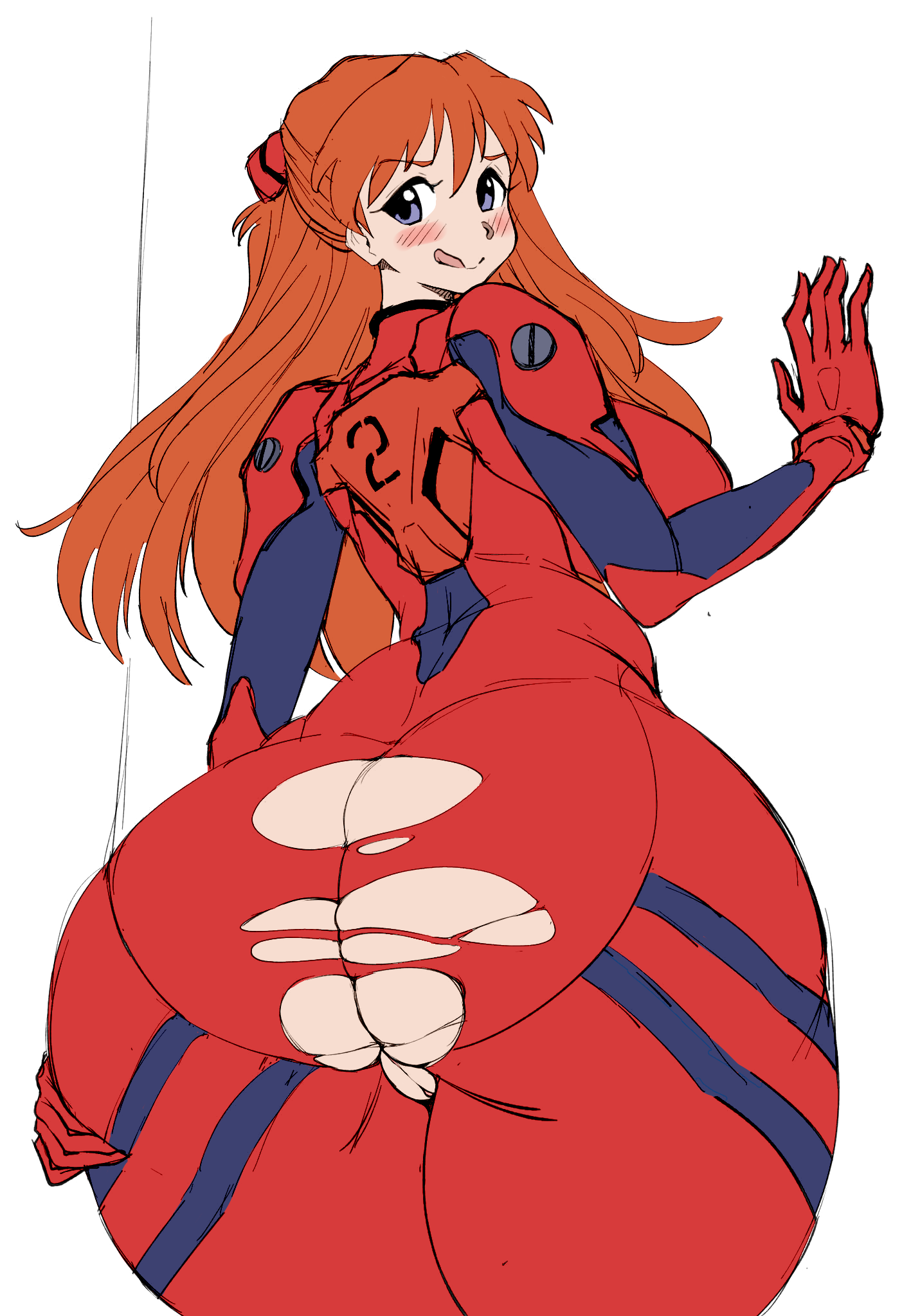 thanuki, souryuu asuka langley, neon genesis evangelion, absurdres, highres, source request, 1girl, against wall, alternate breast size (larger), ass, ass cutout, blue eyes, blush, bodysuit, brown hair, cleft of venus, clothing cutout, female focus, from behind, grabbing own ass, huge ass, licking lips, long hair, looking at viewer, looking back, mecha pilot suit, naughty face, plugsuit (evangelion), pussy, pussy peek, sketch, smile, solo, thick thighs, thighs, tongue, tongue out, torn clothes, wide hips