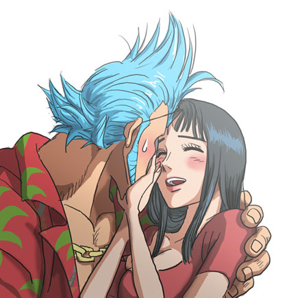 nika (nikasa an), franky (one piece), nico robin, one piece, lowres, 1boy, 1girl, black hair, blue hair, blunt bangs, blush, breasts, chain, chain necklace, cleavage, closed eyes, collarbone, collared shirt, facial hair, from side, furrowed brow, gold chain, hands on another's face, happy, hawaiian shirt, jewelry, large breasts, large hands, laughing, lips, medium hair, mullet, necklace, nose, open clothes, open mouth, open shirt, portrait, red shirt, shirt, sideburns, simple background, smile, spiked hair, straight hair, sweatdrop, teeth, upper teeth only, white background