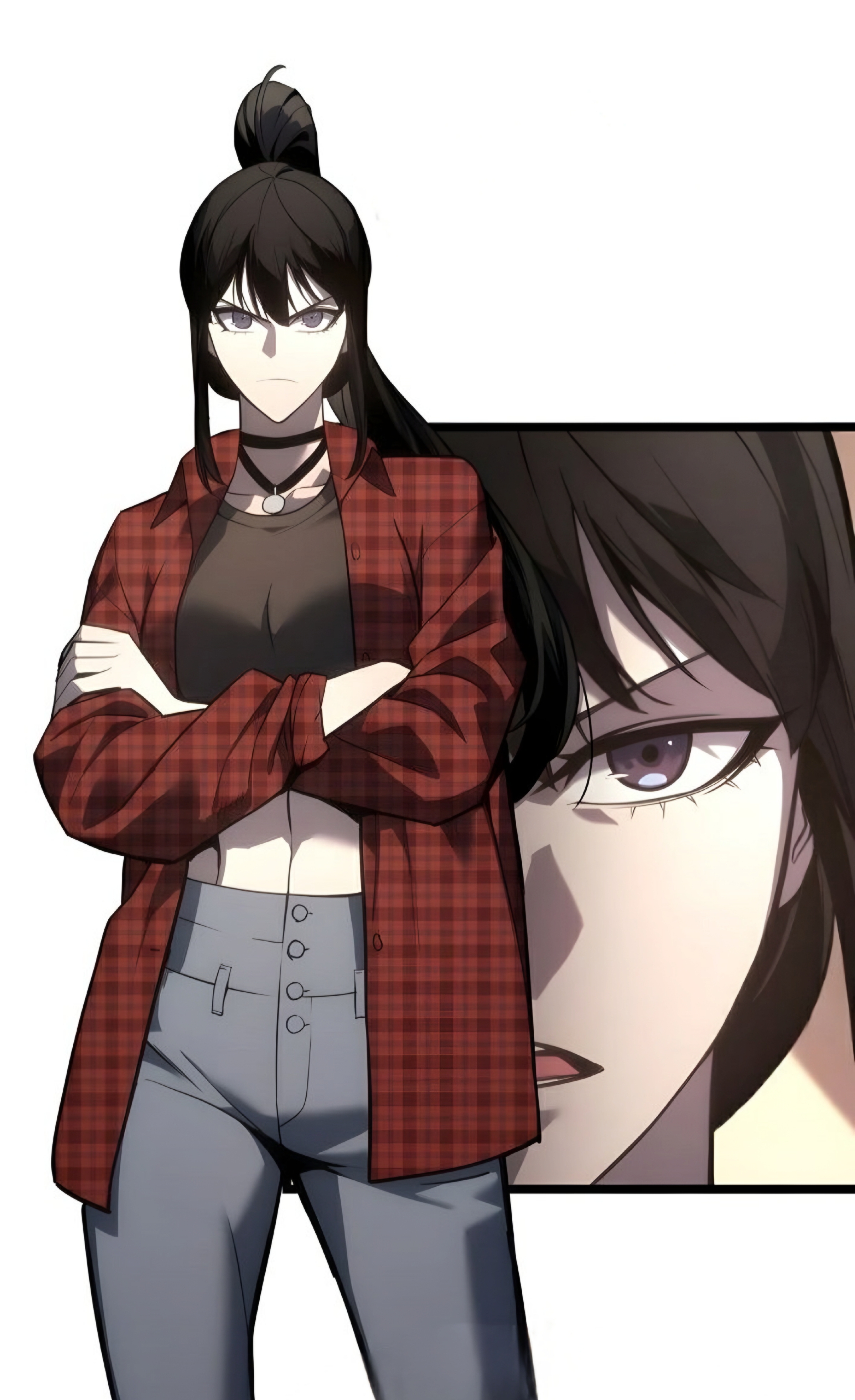 cheon yooha, the return of the disaster-class hero, non-web source, 1girl, black choker, black hair, brown eyes, checkered clothes, checkered shirt, choker, closed mouth, crop top, crossed arms, grey pants, long hair, looking at viewer, open mouth, pants, ponytail, red shirt, serious, shirt, simple background, solo, very long hair, white background