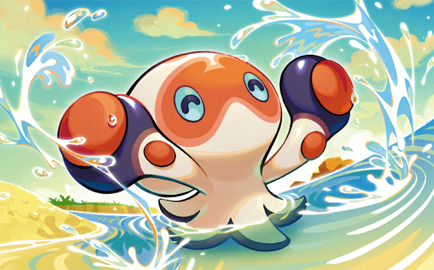 nishida yuu, clobbopus, nintendo, pokemon, pokemon tcg, pokemon tcg pocket, official art, third-party source, animal focus, arms up, blue sky, closed eyes, cloud, day, gen 8 pokemon, no humans, outdoors, pokemon (creature), pokemon focus, sky, splashing, tentacles, water