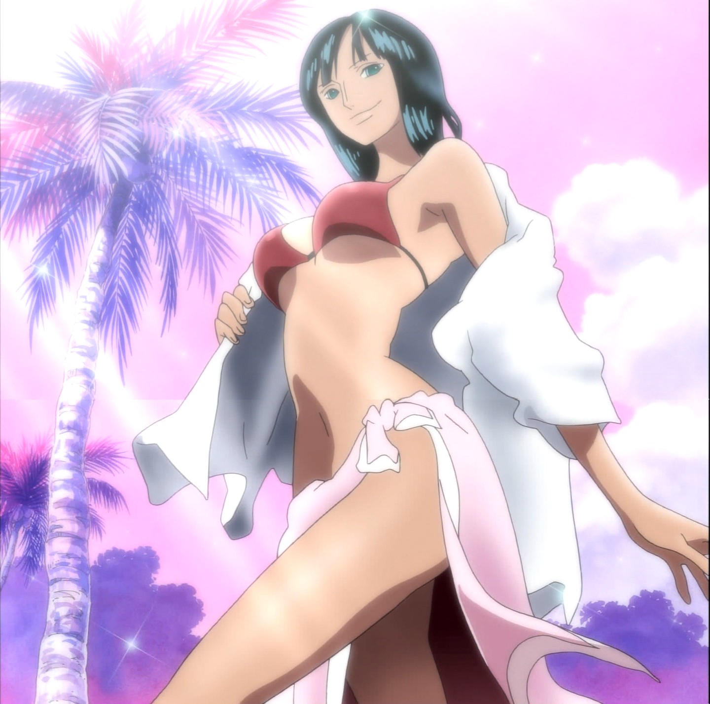 nico robin, one piece, anime screenshot, highres, stitched, third-party edit, 1girl, bikini, black hair, breasts, cloud, female focus, navel, outdoors, red bikini, sky, smile, solo, swimsuit