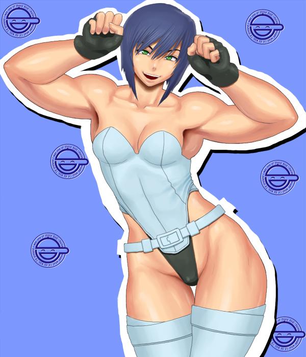 yamakawaya, kusanagi motoko, ghost in the shell, popotan, 00s, 1girl, arms up, belt, breasts, caramelldansen, dancing, female focus, green eyes, groin, hands up, head tilt, highleg, highleg leotard, hip focus, laughing man (gits), leotard, logo, muscular, patterned background, purple background, purple hair, short hair, simple background, small breasts, smile, solo, thick thighs, thighhighs, thighs