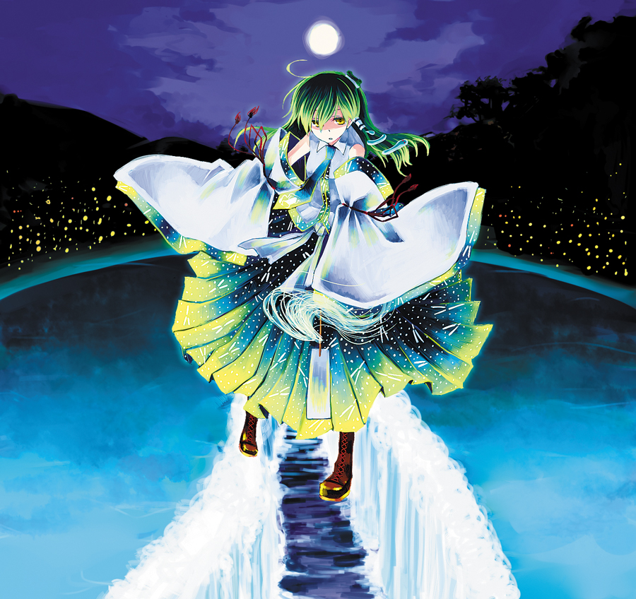 tadano kagekichi, kochiya sanae, touhou, 1girl, detached sleeves, female focus, green hair, hydrokinesis, japanese clothes, long hair, miko, necktie, night, skirt, snake, solo, spell card, water, yellow eyes