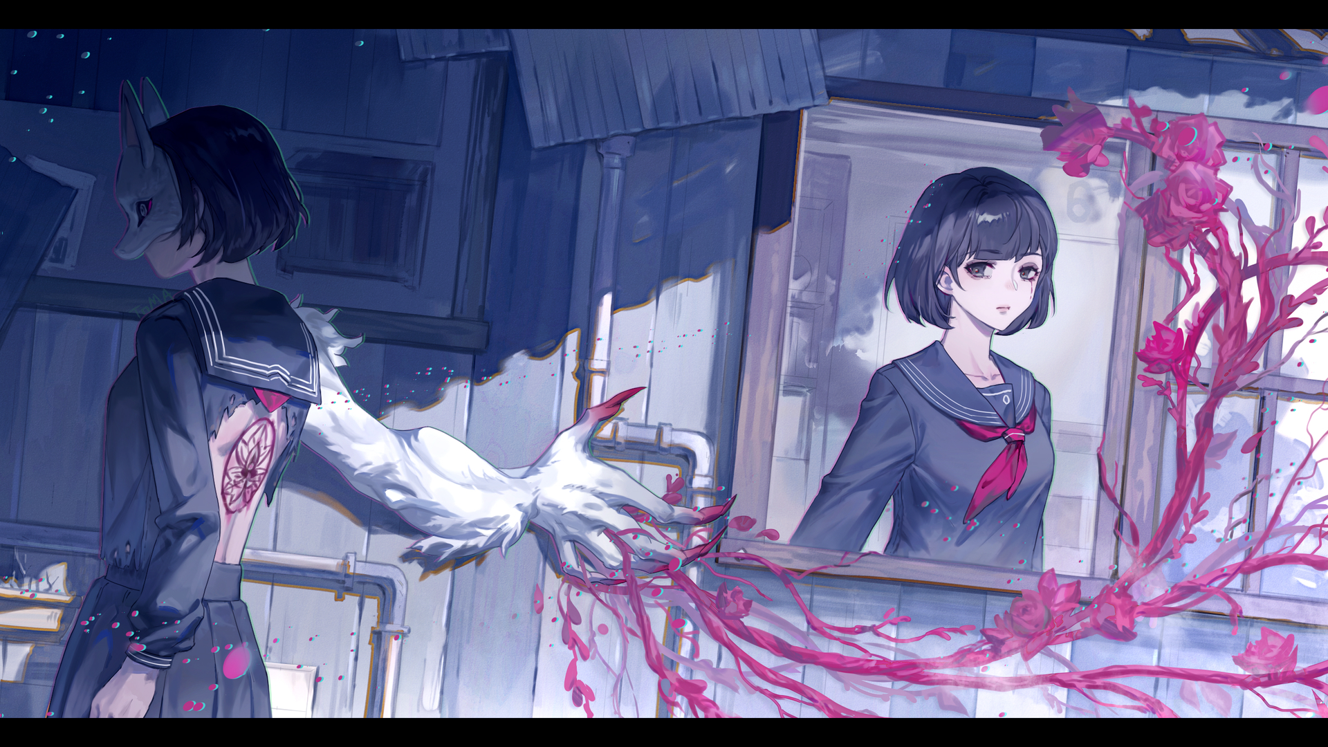 anmaki, monster arm, shimizu hinako, silent hill (series), silent hill f, highres, spoilers, 2girls, ascot, back cutout, black hair, black serafuku, branded, chromatic aberration, claws, clothing cutout, dual persona, flower, fox hinako, fox mask, grey fur, mask, multiple girls, red ascot, sailor collar, school uniform, serafuku, shade, short hair, torn clothes, window