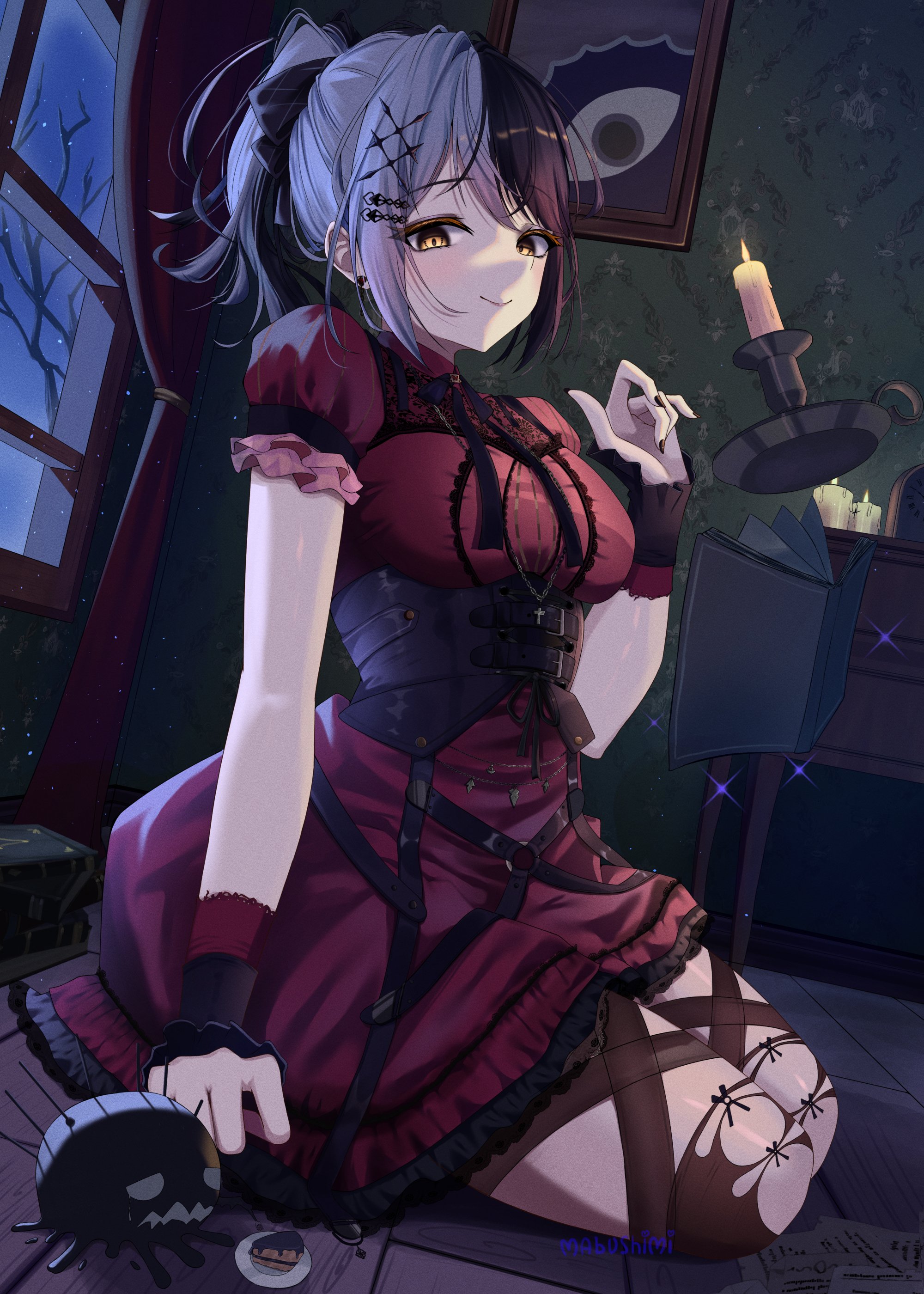 shiori novella, shiori novella (casual), yorick (shiori novella), hololive, hololive english, absurdres, highres, 1girl, black corset, black hair, book, candle, candlestand, closed mouth, corset, dress, floating, grey hair, indoors, levitation, mabushimi, multicolored hair, official alternate costume, official alternate hairstyle, ponytail, red dress, smile, solo, split-color hair, two-tone hair, virtual youtuber, window, yellow eyes