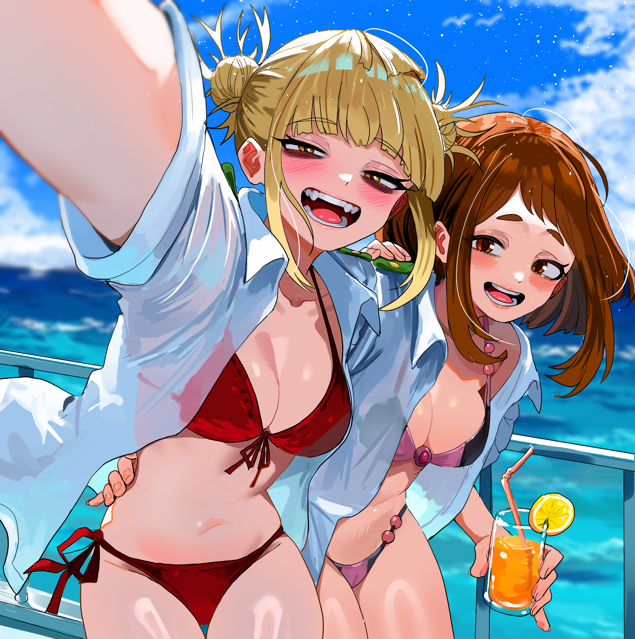 zd (pixiv6210083), toga himiko, uraraka ochako, boku no hero academia, absurdres, commentary request, highres, 2girls, arm around waist, bags under eyes, beach, bikini, black bikini, blonde hair, blue sky, blunt bangs, breasts, brown eyes, brown hair, cleavage, cup, double bun, drinking glass, food, front-tie bikini top, front-tie top, fruit, hair bun, holding, holding cup, lemon, lemon slice, looking at viewer, medium breasts, messy hair, multicolored bikini, multiple girls, navel, ocean, open clothes, open mouth, open shirt, outdoors, purple bikini, red bikini, selfie, shirt, short hair, short sleeves, side-tie bikini bottom, sidelocks, sky, smile, swimsuit, two-tone bikini, white shirt, yellow eyes