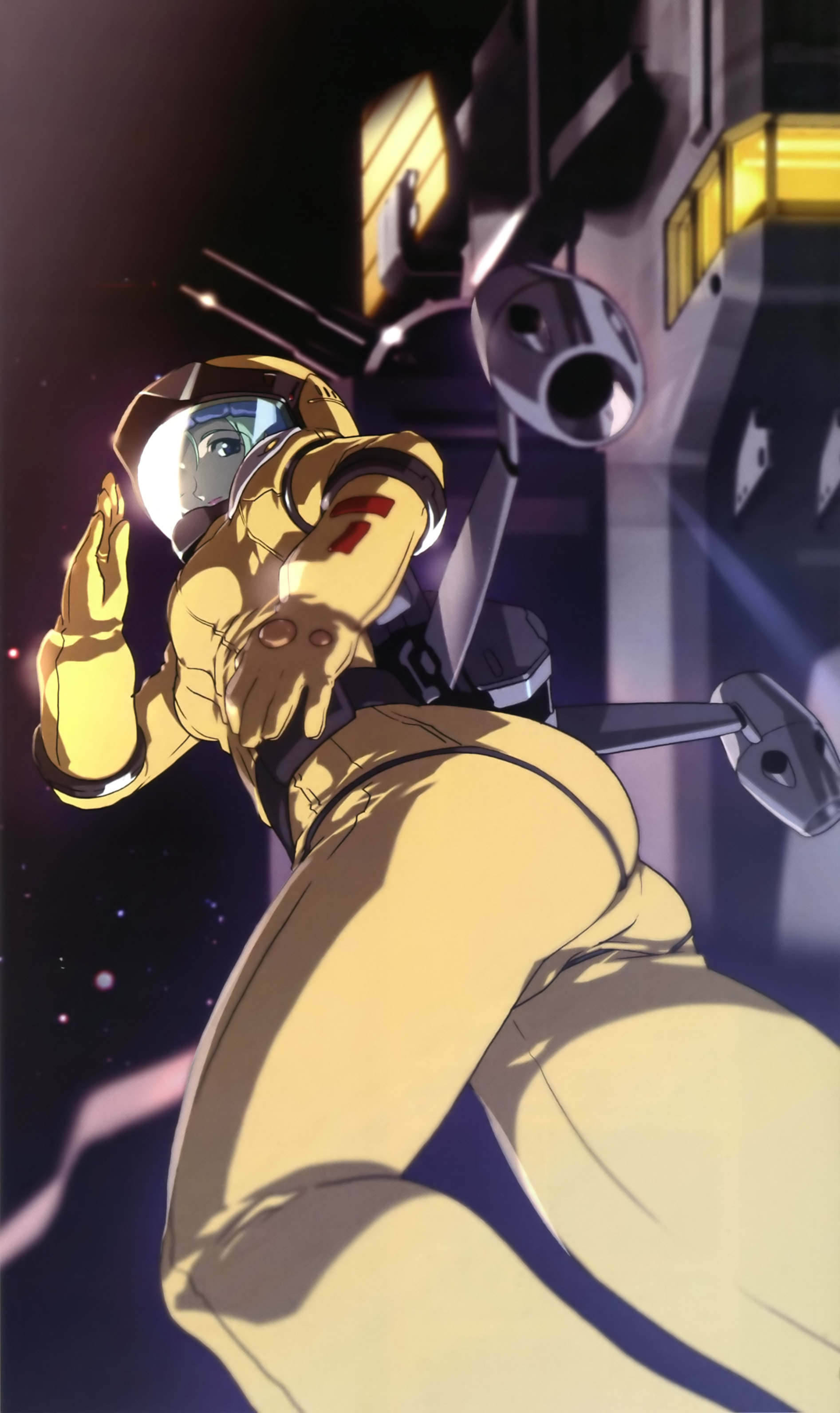 gundam, zeta gundam, absurdres, artist request, character request, highres, official art, 1girl, aeug, ass, blurry, blurry background, gundam perfect file, jetpack, mecha pilot suit, radar dish, radio antenna, salamis class, salute, science fiction, space, spacecraft, star (sky), turning head, window