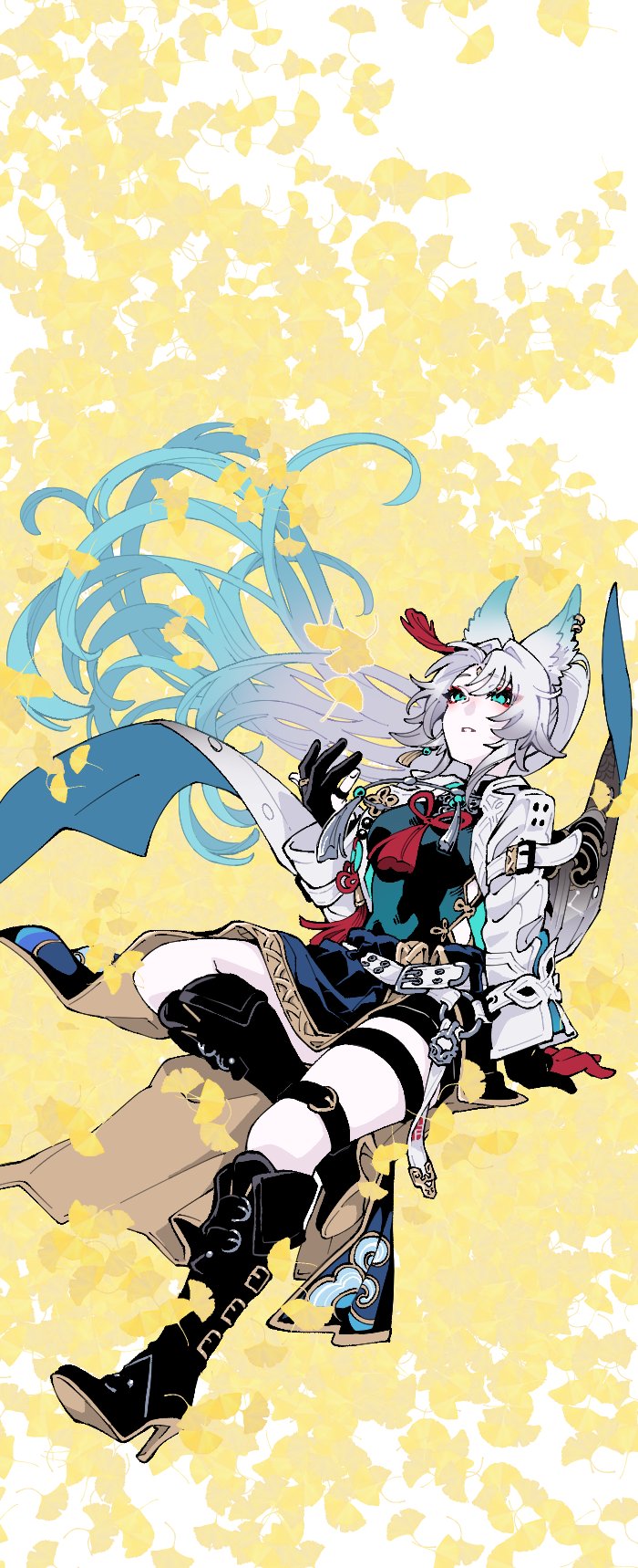 ayunyan pere, feixiao (honkai: star rail), honkai: star rail, honkai (series), highres, 1girl, animal ear piercing, animal ears, black boots, black shirt, blue eyes, blue hair, boots, coat, eyeshadow, fox ears, fox girl, full body, ginkgo leaf, hand up, high heel boots, high heels, invisible chair, knee boots, leaf, long hair, looking up, makeup, open clothes, open coat, open mouth, parted bangs, ponytail, red eyeshadow, shirt, sitting, solo, teeth, thigh strap, white coat, white hair