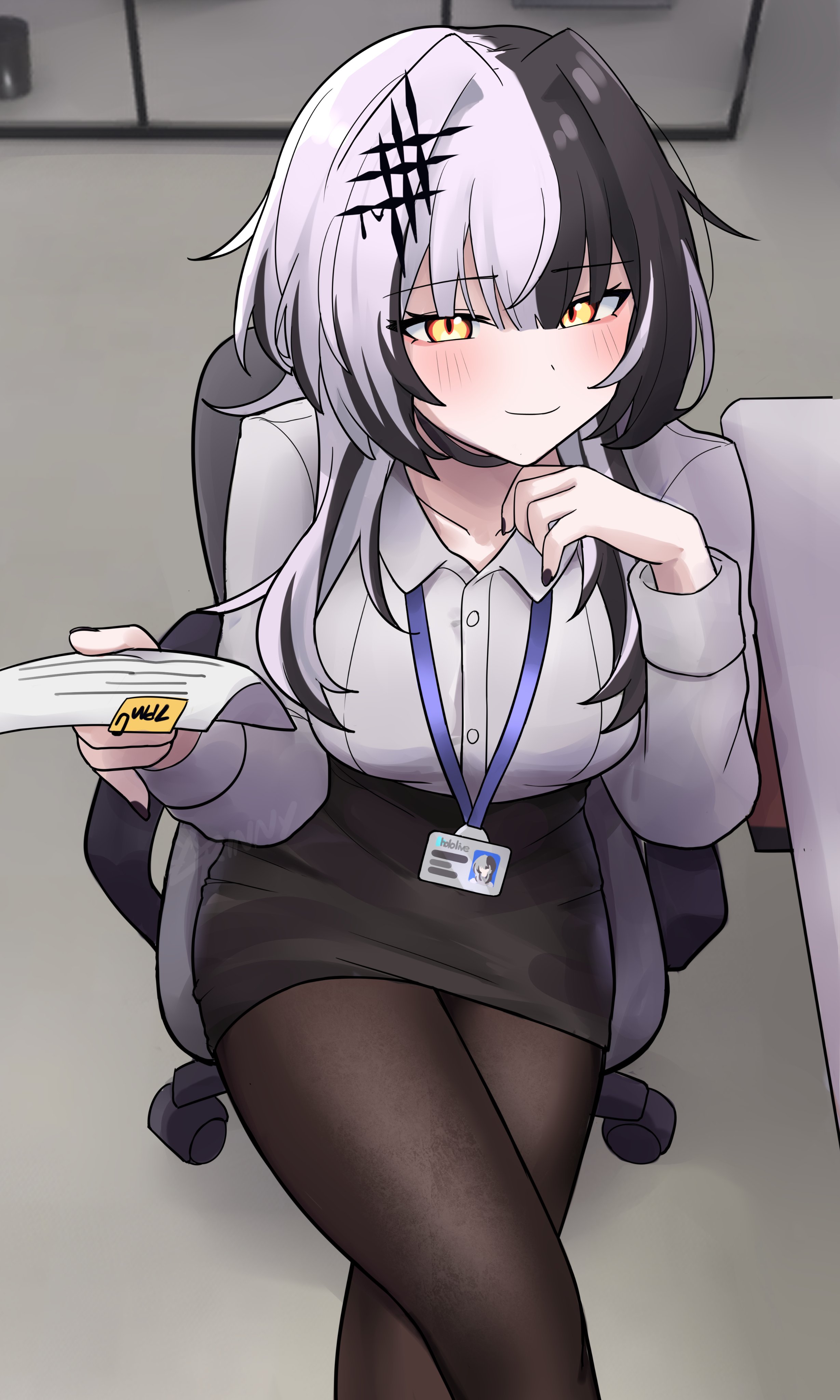 rinny rin2, shiori novella, hololive, hololive english, absurdres, highres, 1girl, black hair, black pantyhose, black skirt, chair, closed mouth, grey hair, grey jacket, holding, holding paper, id card, indoors, jacket, lanyard, long hair, looking at viewer, multicolored hair, office chair, office lady, on chair, pantyhose, paper, shirt, sitting, skirt, solo, split-color hair, swivel chair, two-tone hair, virtual youtuber, white shirt, yellow eyes