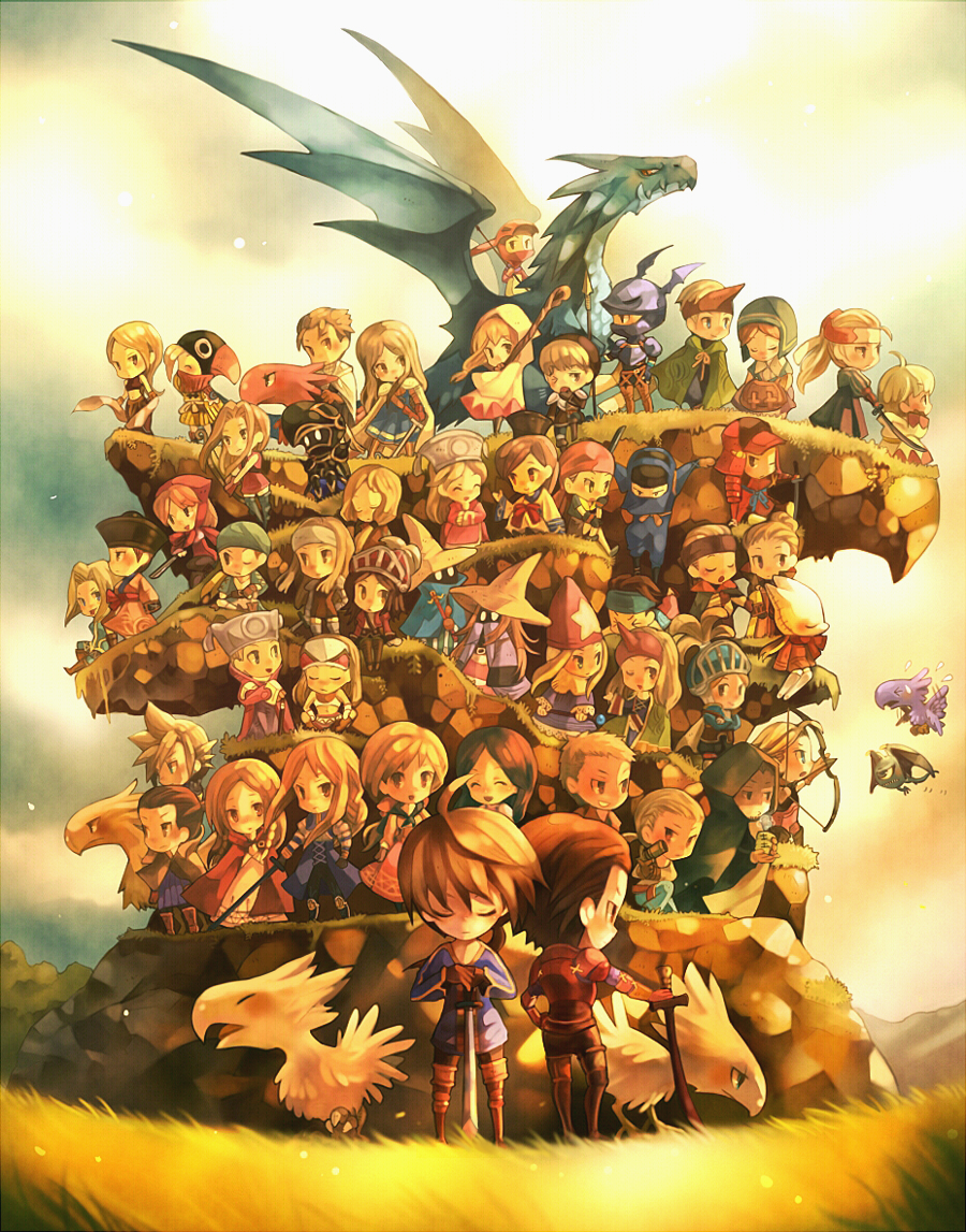 sui (petit comet), agrias oaks, alma beoulve, archer (fate), archer (fft), argath thadalfus, arithmetician (fft), bard (fft), bard (final fantasy), beowulf cadmus, black mage (fft), black mage (final fantasy), chemist (fft), chocobo, cidolfus orlandeau, cloud strife, dancer (fft), dancer (final fantasy), dark knight (fft), dark knight (final fantasy), delita heiral, dragoon (fft), dragoon (final fantasy), geomancer (fft), knight (fft), mime (fft), monk (fft), mustadio bunansa, mystic (fft), ninja (fft), onion knight, onion knight (fft), orator (fft), orran durai, ovelia atkascha, ramza beoulve, rapha galthena, samurai (fft), squire (fft), summoner (fft), thief (fft), tietra heiral, time mage, time mage (fft), white mage (fft), white mage (final fantasy), fate (series), final fantasy, final fantasy tactics, final fantasy vii, black mage, white mage, bad id, bad pixiv id, 1990s (style), 6+boys, 6+girls, absolutely everyone, alternate color, armor, blonde hair, boots, braid, cape, chemist, chibi, dark knight, dragon, dragoon, everyone, gloves, gun, hat, head wings, helmet, katana, knight, long hair, multiple boys, multiple girls, ninja, retro artstyle, samurai, staff, summoner, sword, weapon, wings