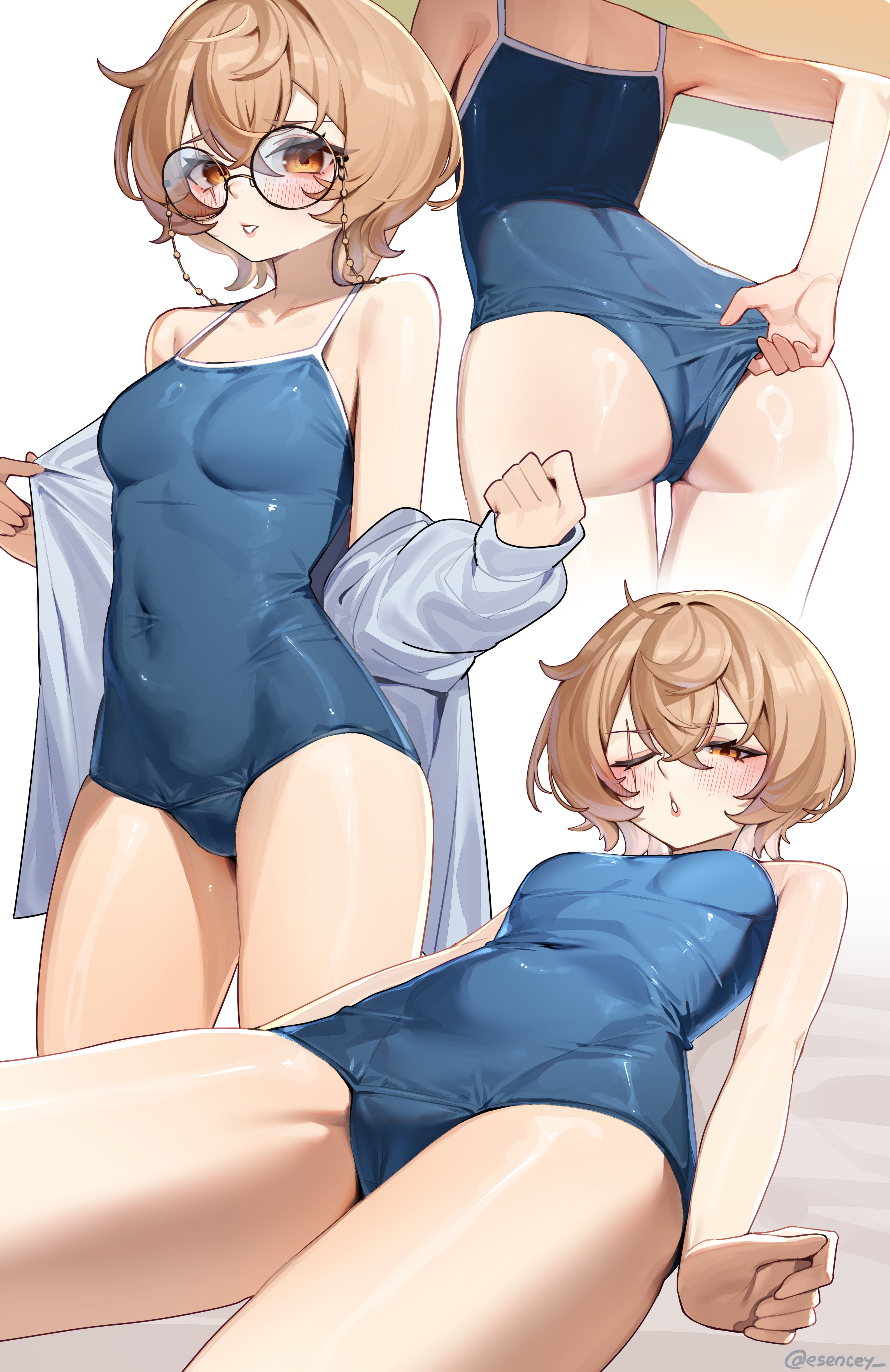 esencey, clio aite, phase connect, absurdres, highres, 1girl, blue one-piece swimsuit, brown eyes, brown hair, covered navel, glasses, looking at viewer, multiple views, one-piece swimsuit, one eye closed, open clothes, pulling own clothes, round eyewear, scar, scar across eye, scar on face, shirt, short hair, swimsuit, twitter username, white background, white shirt