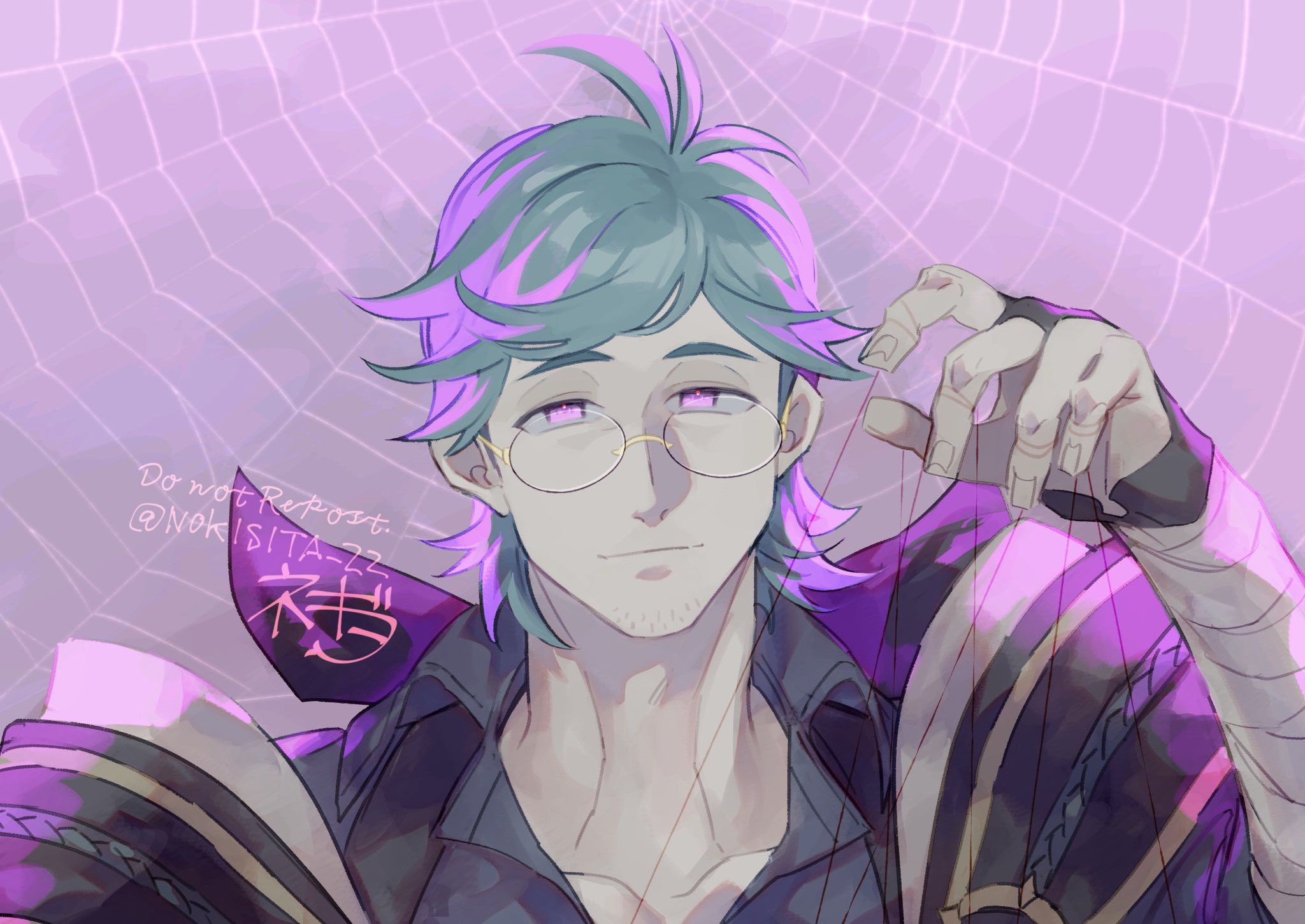 negiwo, yukimura (fire emblem), fire emblem, fire emblem fates, nintendo, highres, 1boy, blue hair, facial hair, fingerless gloves, glasses, gloves, male focus, purple eyes, round eyewear, solo