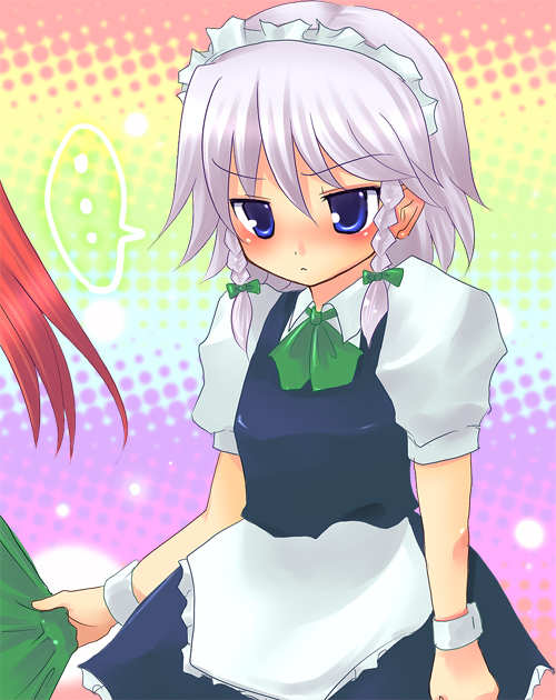 ji (yugria), kouji, hong meiling, izayoi sakuya, embodiment of scarlet devil, touhou, silver hair, bad id, bad pixiv id, 2girls, blue eyes, blush, female focus, gradient background, hairband, halftone, halftone background, maid, multiple girls, ribbon, short hair