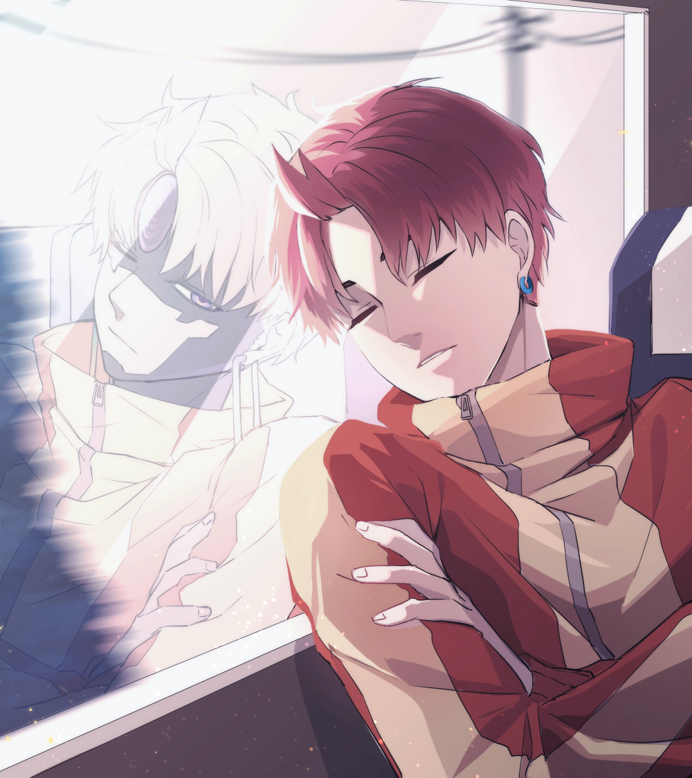 ccs akimi, enjoji jin, evil eye (dandadan), dandadan, commentary, symbol-only commentary, 1boy, closed eyes, crossed arms, earrings, indoors, jacket, jewelry, long sleeves, male focus, motion blur, parted lips, red hair, reflection, short hair, sitting, sleeping, track jacket, train interior, upper body, window, zipper
